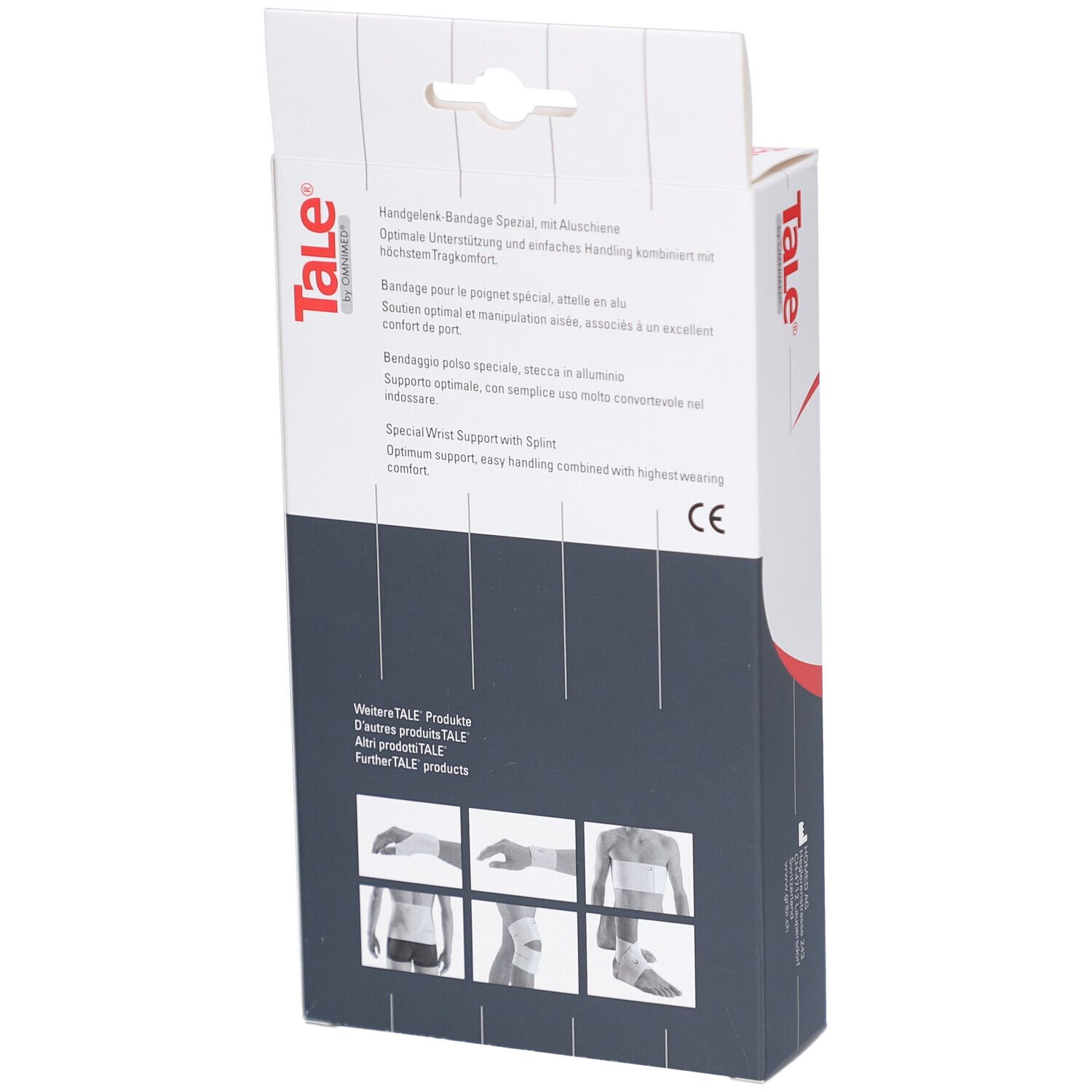 Rückseite der Verpackung der Handgelenkbandage. Text: Tale, Produktinformationen, CE-Zeichen. Mehrere Anwendungsbeispiele.