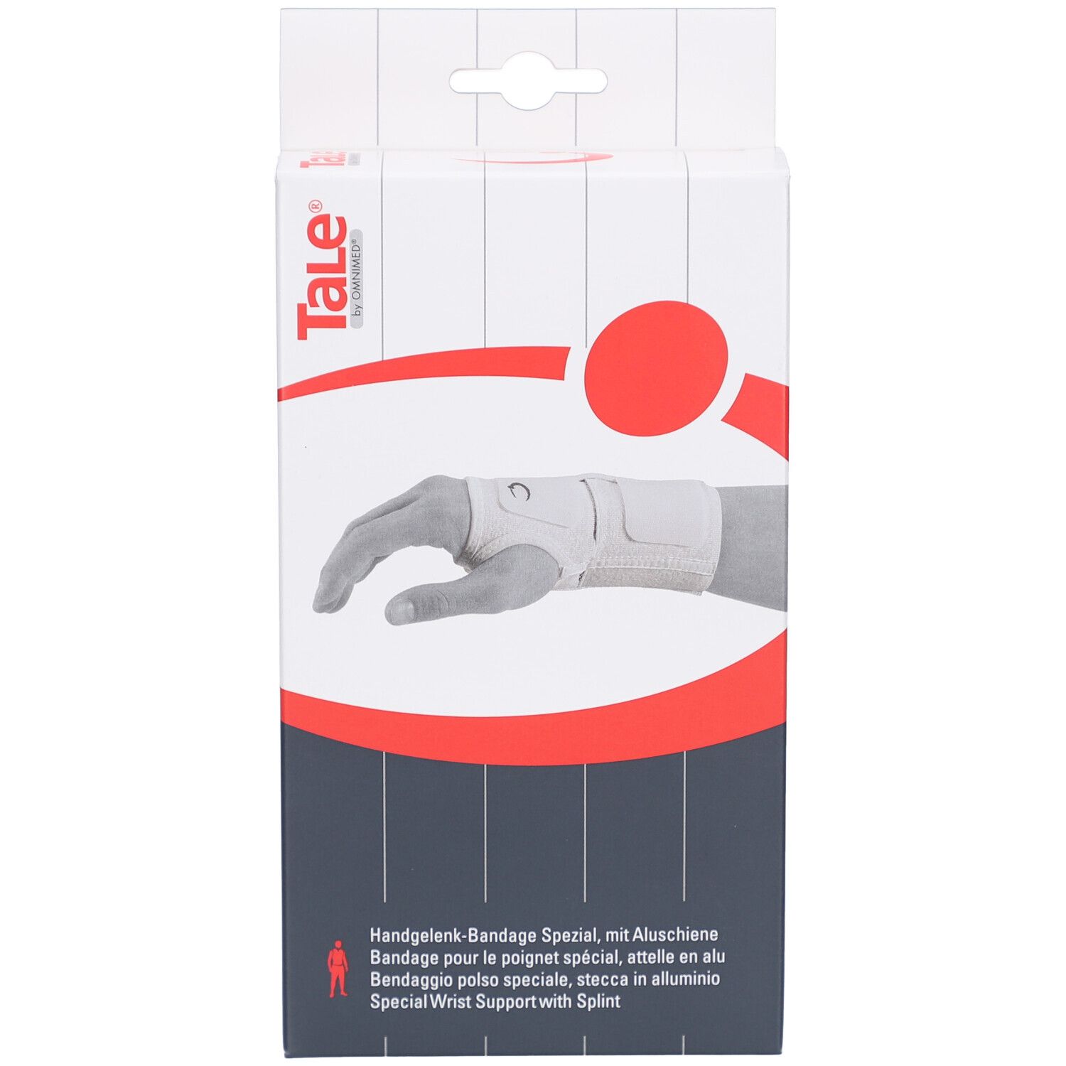 Verpackung der Handgelenkbandage Spezial mit Alu-Schiene. Zeigt ein Handmodell mit Bandage. Text: Tale, Handgelenk-Bandage Spezial.