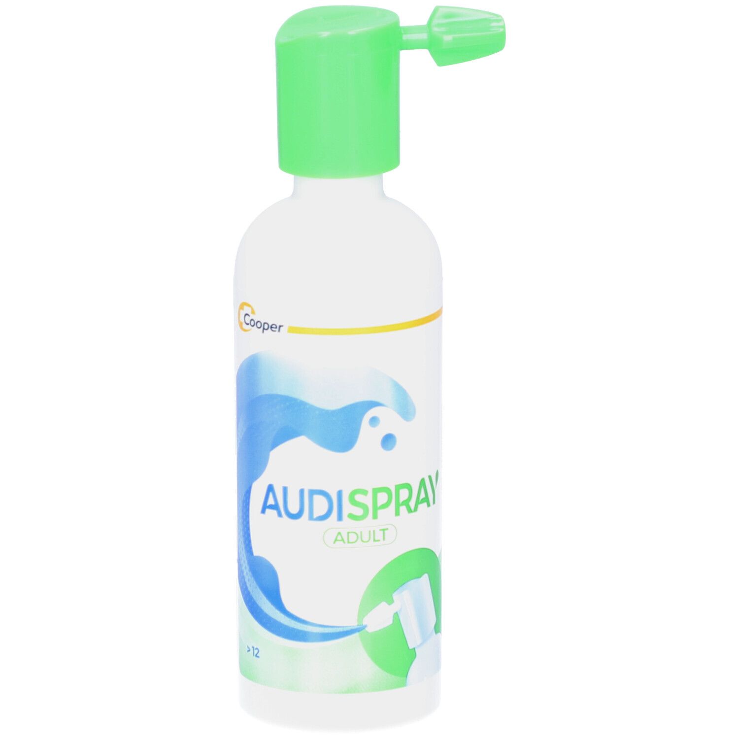 Flacon blanc avec pulvérisateur vert. Inscription AUDISPRAY ADULT. Logo Cooper. Graphique de vagues bleues.