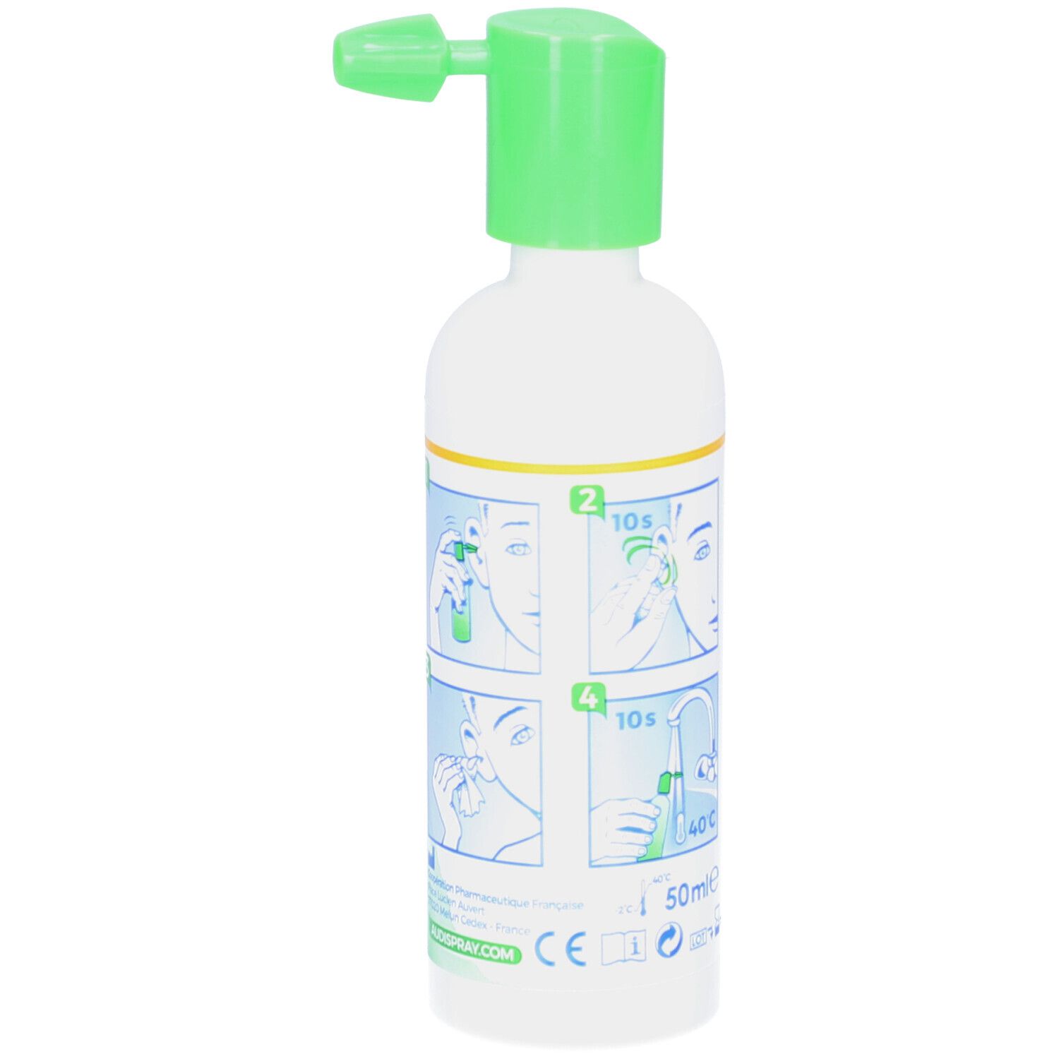 Flacon blanc avec pulvérisateur vert. Dos avec illustrations d'utilisation et marquage CE.