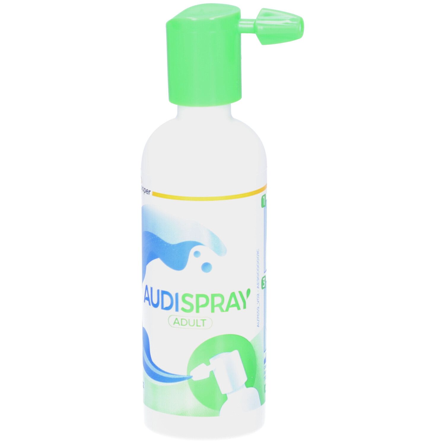 Flacon blanc avec pulvérisateur vert. Inscription AUDISPRAY ADULT. Logo Cooper. Graphique de vagues bleues.
