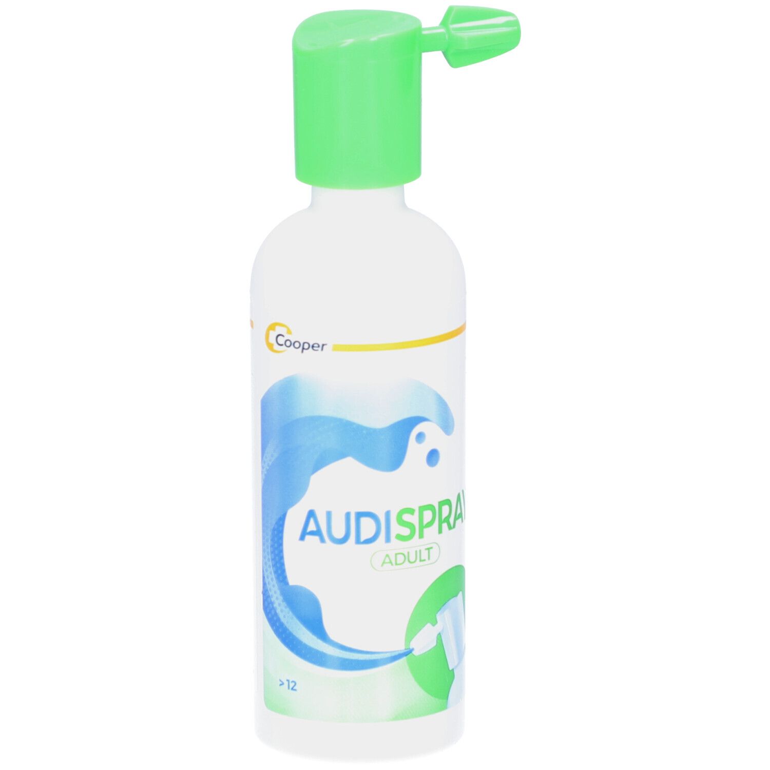 Flacon blanc avec pulvérisateur vert. Inscription AUDISPRAY ADULT. Logo Cooper. Graphique de vagues bleues.