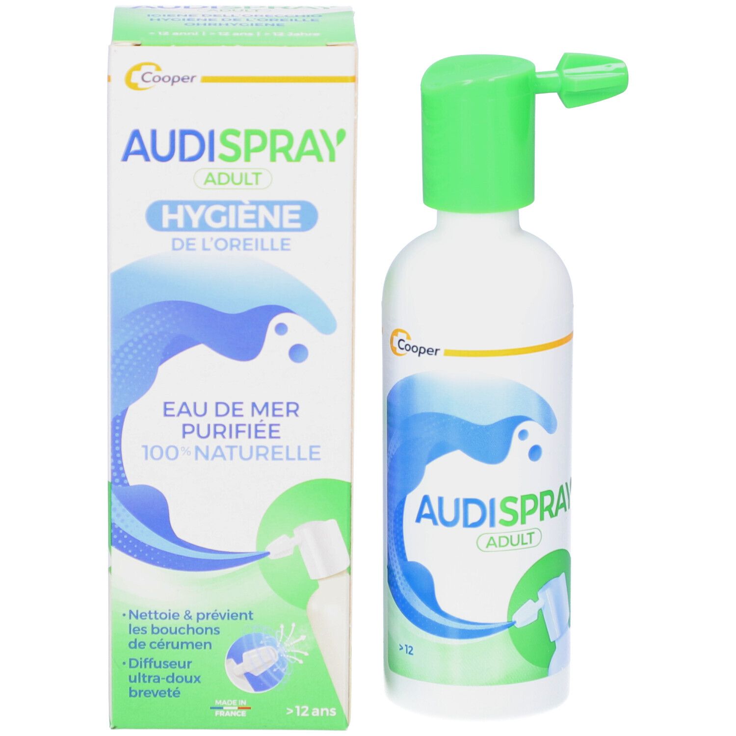 Produit et emballage. Flacon blanc avec pulvérisateur vert. Boîte avec inscription AUDISPRAY ADULT.