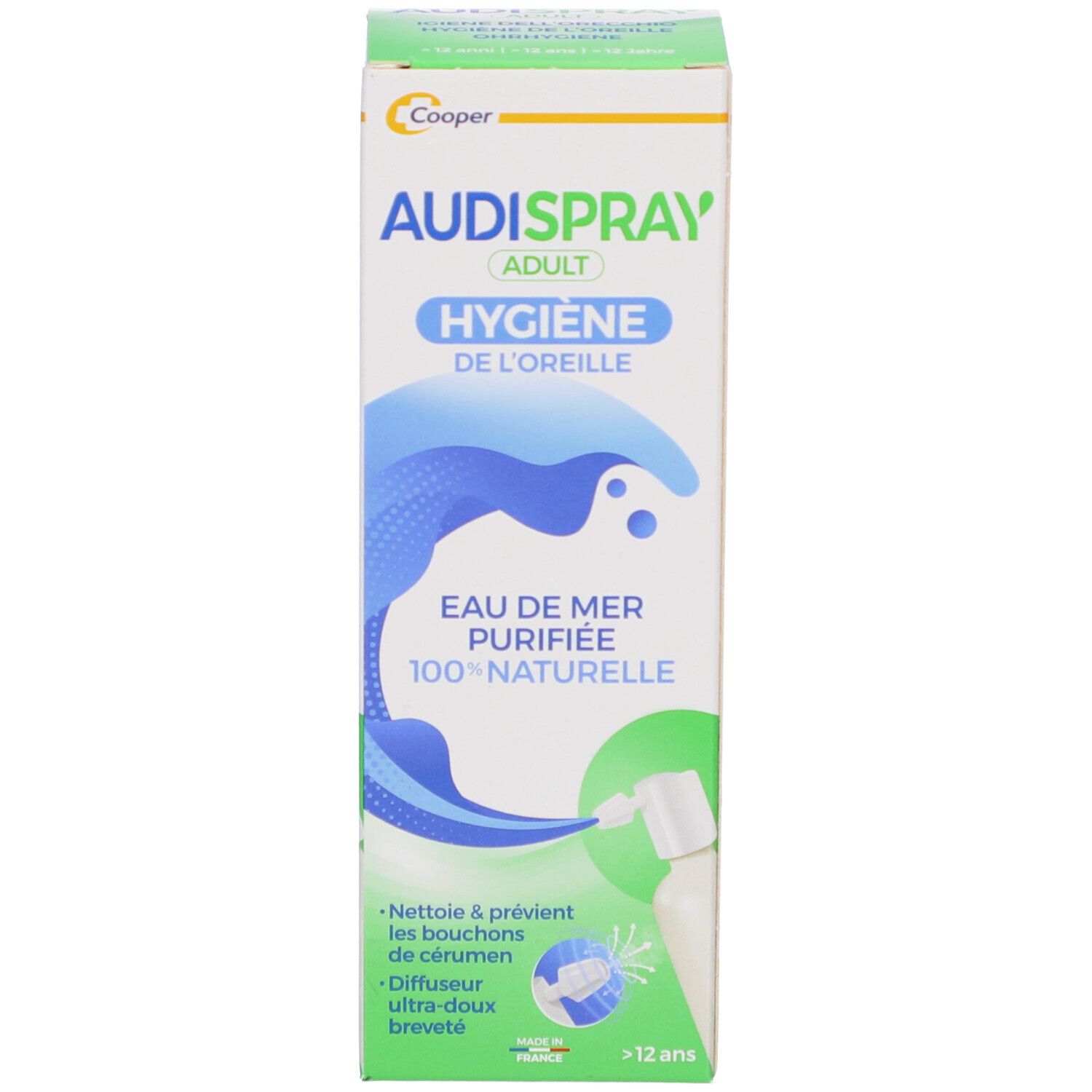 Emballage du produit. Boîte avec inscription AUDISPRAY ADULT. Logo Cooper. Texte et illustrations.