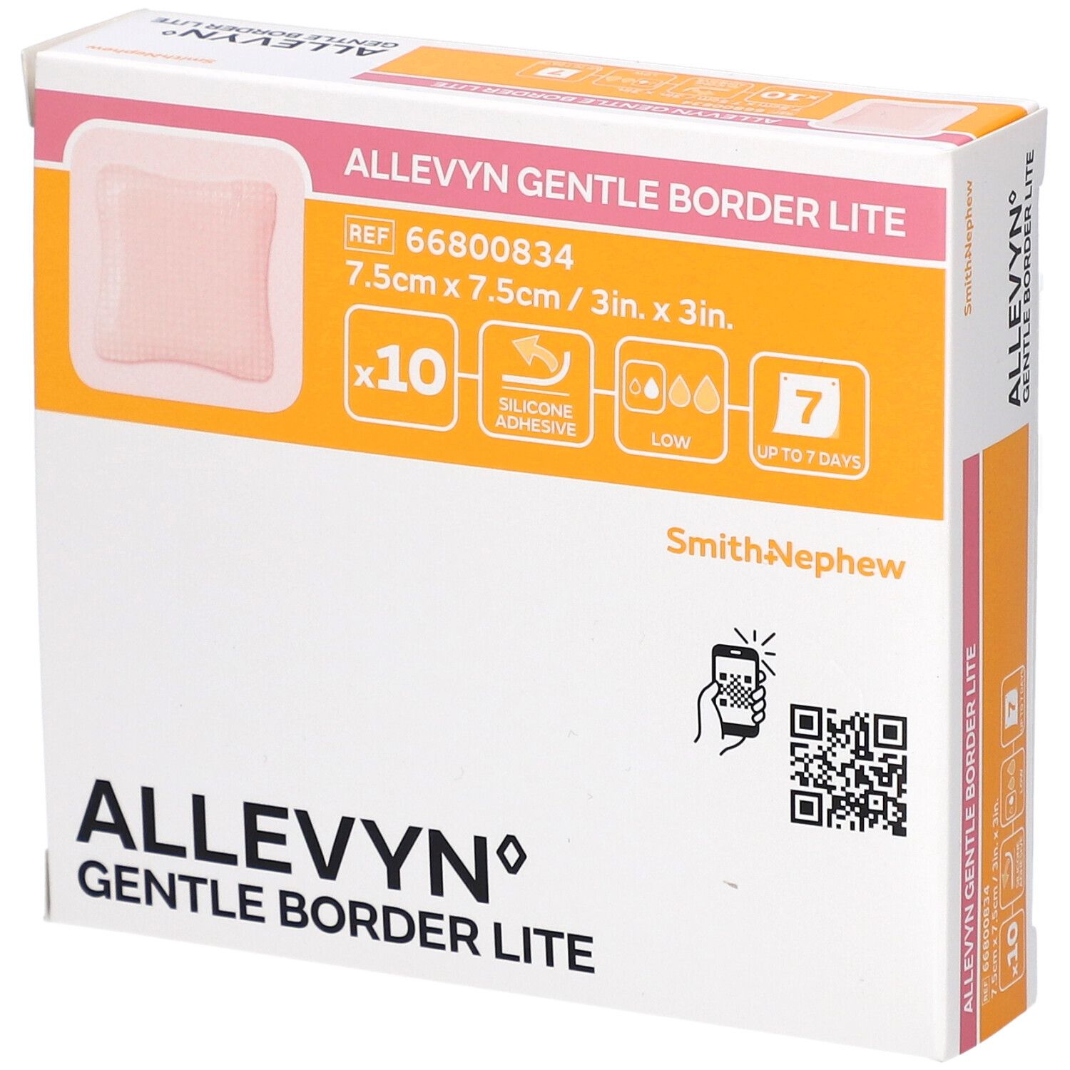 Verpackung von Allevyn Gentle Border Lite. Zeigt ein rosa Wundkissen, 7,5 x 7,5 cm, 10 Stück. Mit Silikonkleber, bis zu 7 Tage.