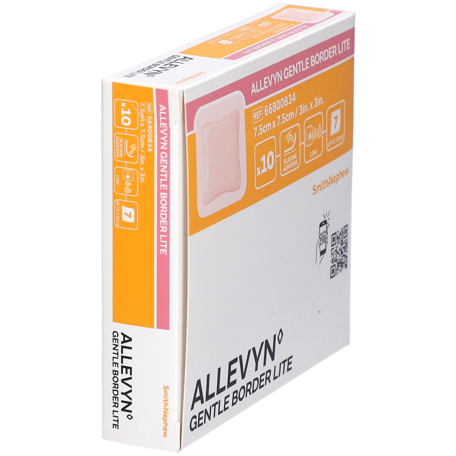 Allevyn Gentle Border Lite Verpackung, schräg. Rosa Wundkissen, 7,5 x 7,5 cm, 10 Stück. Silikonkleber, bis zu 7 Tage.