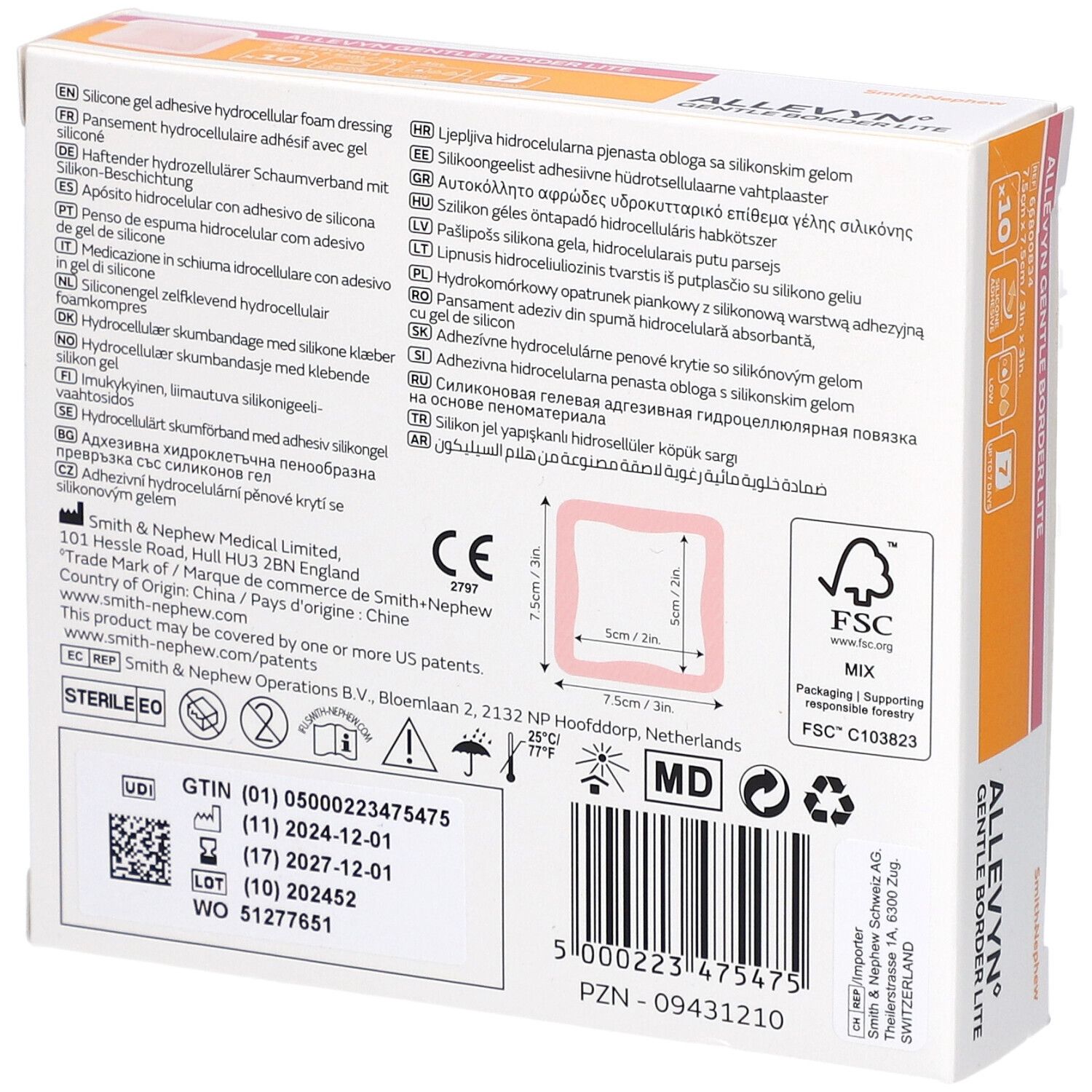 Rückseite der Allevyn Gentle Border Lite Verpackung. Enthält Informationen zu Inhaltsstoffen, Hersteller und Zertifizierungen.