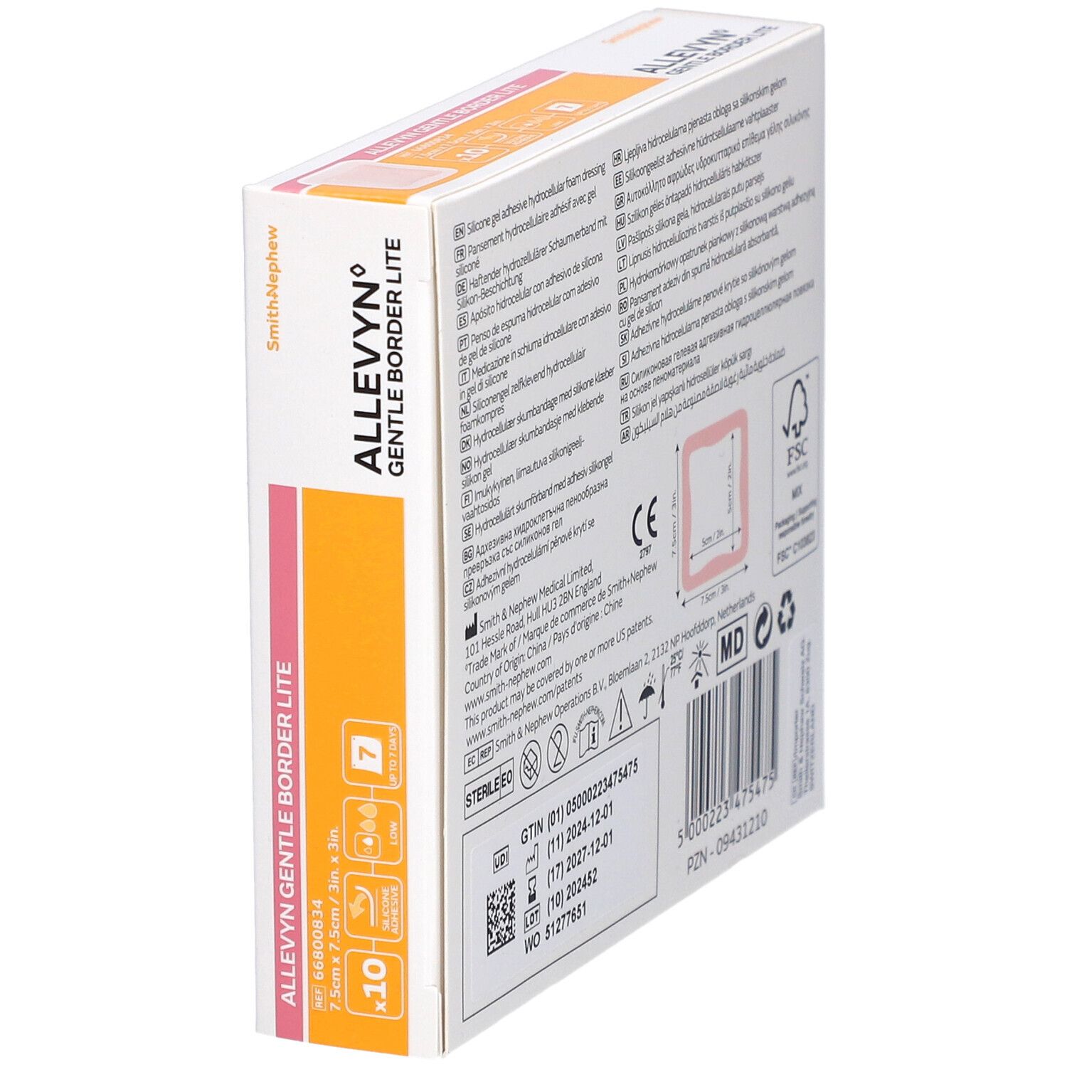 Allevyn Gentle Border Lite Verpackung, schräg. Zeigt Informationen zu Größe, Menge und Haltbarkeit.