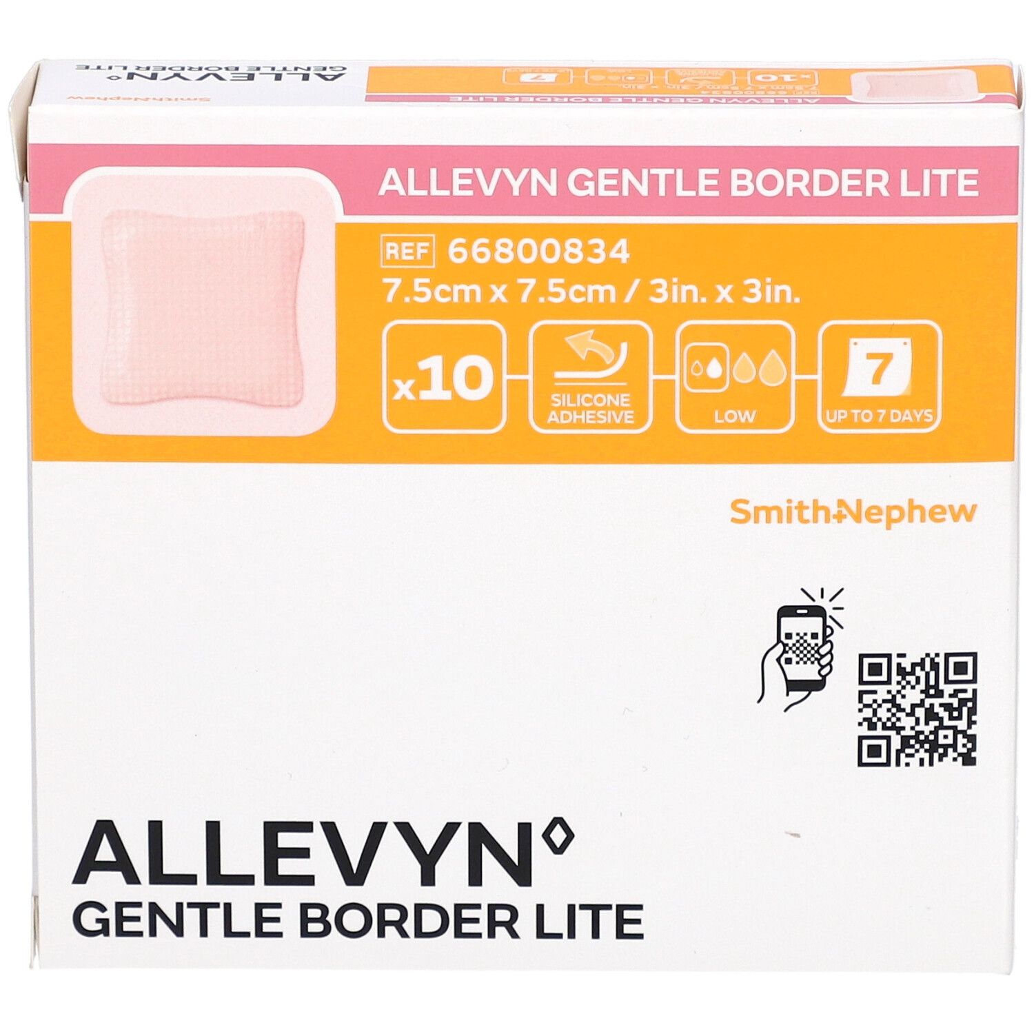 Allevyn Gentle Border Lite Verpackung. Rosa Wundkissen, 7,5 x 7,5 cm, 10 Stück. Silikonkleber, bis zu 7 Tage.