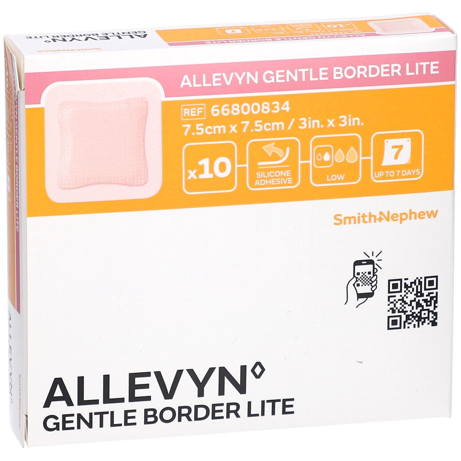 Allevyn Gentle Border Lite Verpackung. Rosa Wundkissen, 7,5 x 7,5 cm, 10 Stück. Silikonkleber, bis zu 7 Tage.