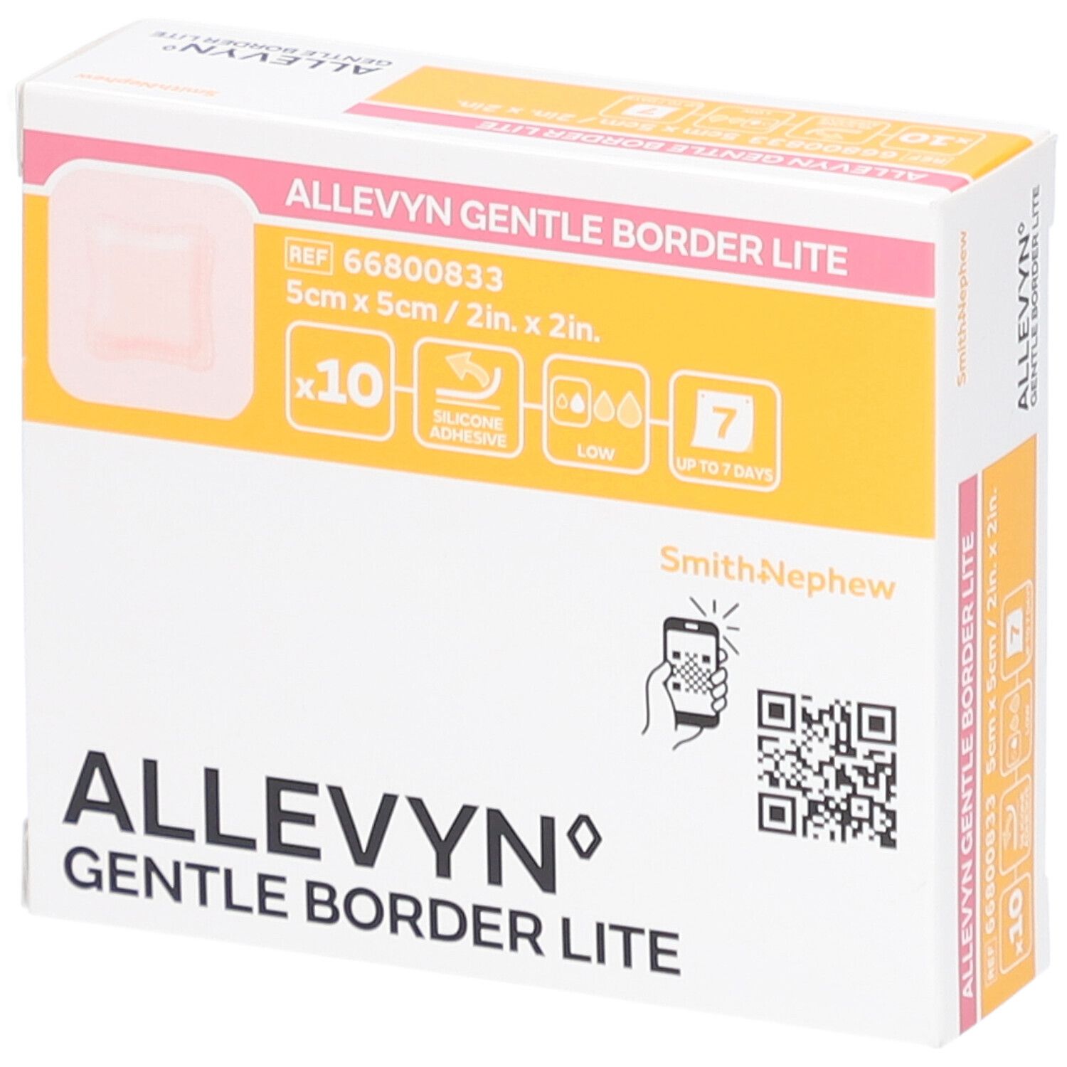 Emballage Allevyn Gentle Border Lite. Présente une image du produit, taille 5x5cm, 10 pièces, jusqu'à 7 jours. Avec code QR.