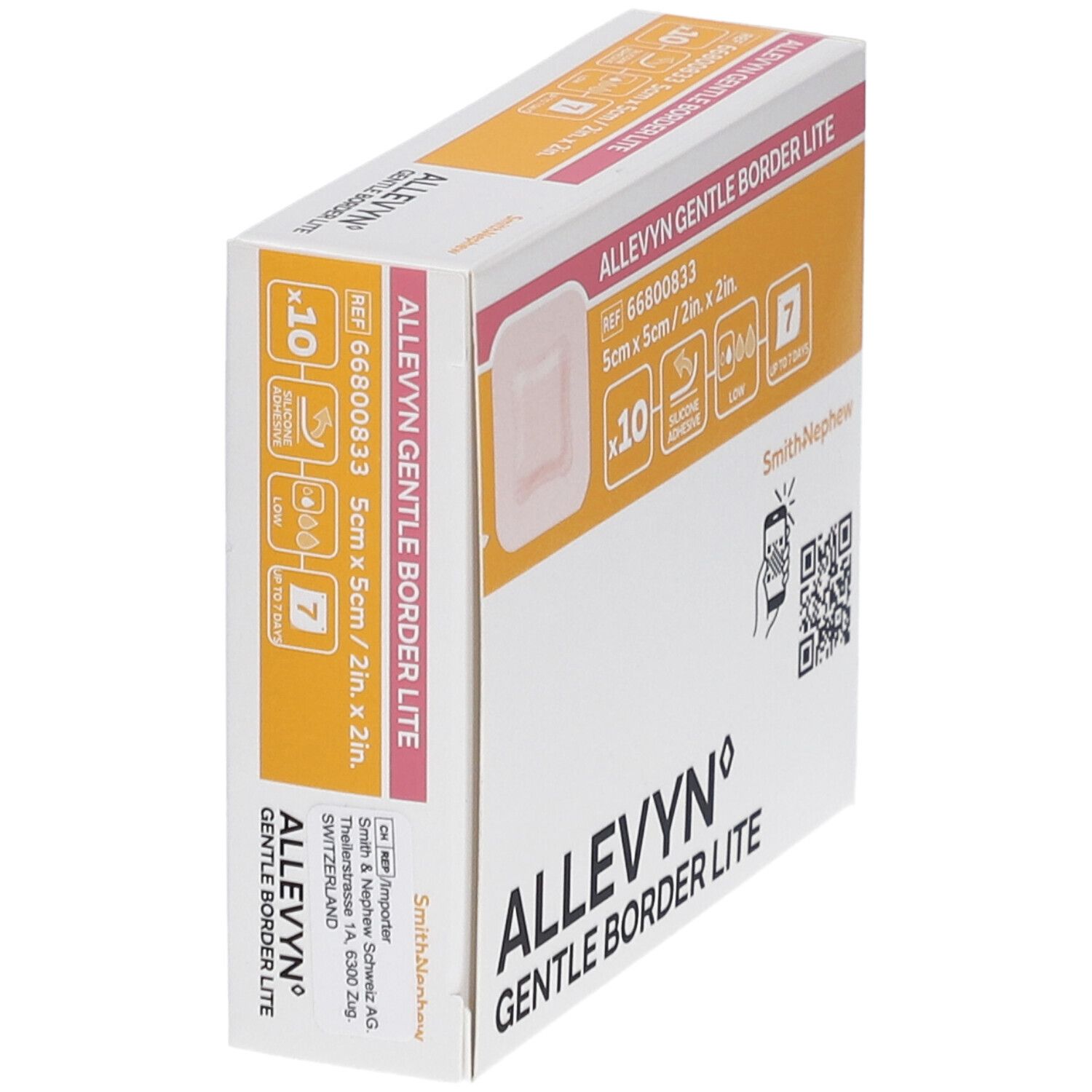 Emballage Allevyn Gentle Border Lite en biais. Montre image produit, taille 5x5cm, 10 pièces, jusqu'à 7 jours. Avec code QR.