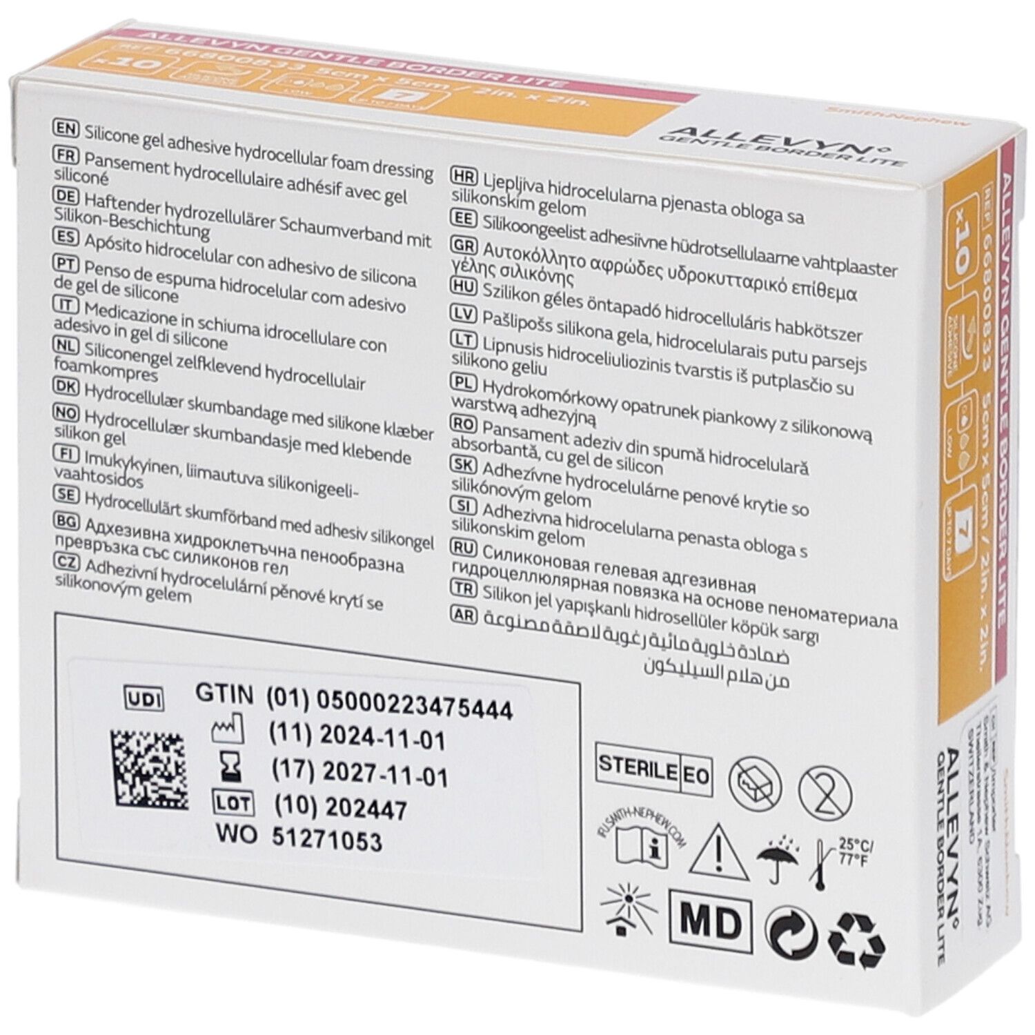 Dos de l'emballage Allevyn Gentle Border Lite. Contient du texte en plusieurs langues, dont l'allemand et l'anglais.