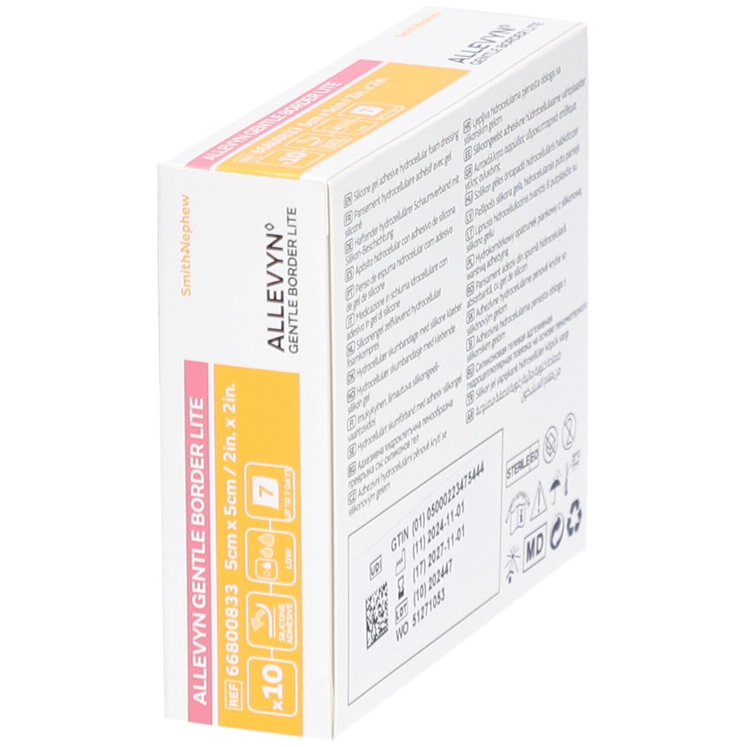 Emballage Allevyn Gentle Border Lite en biais. Montre image produit, taille 5x5cm, 10 pièces, jusqu'à 7 jours. Avec code QR.