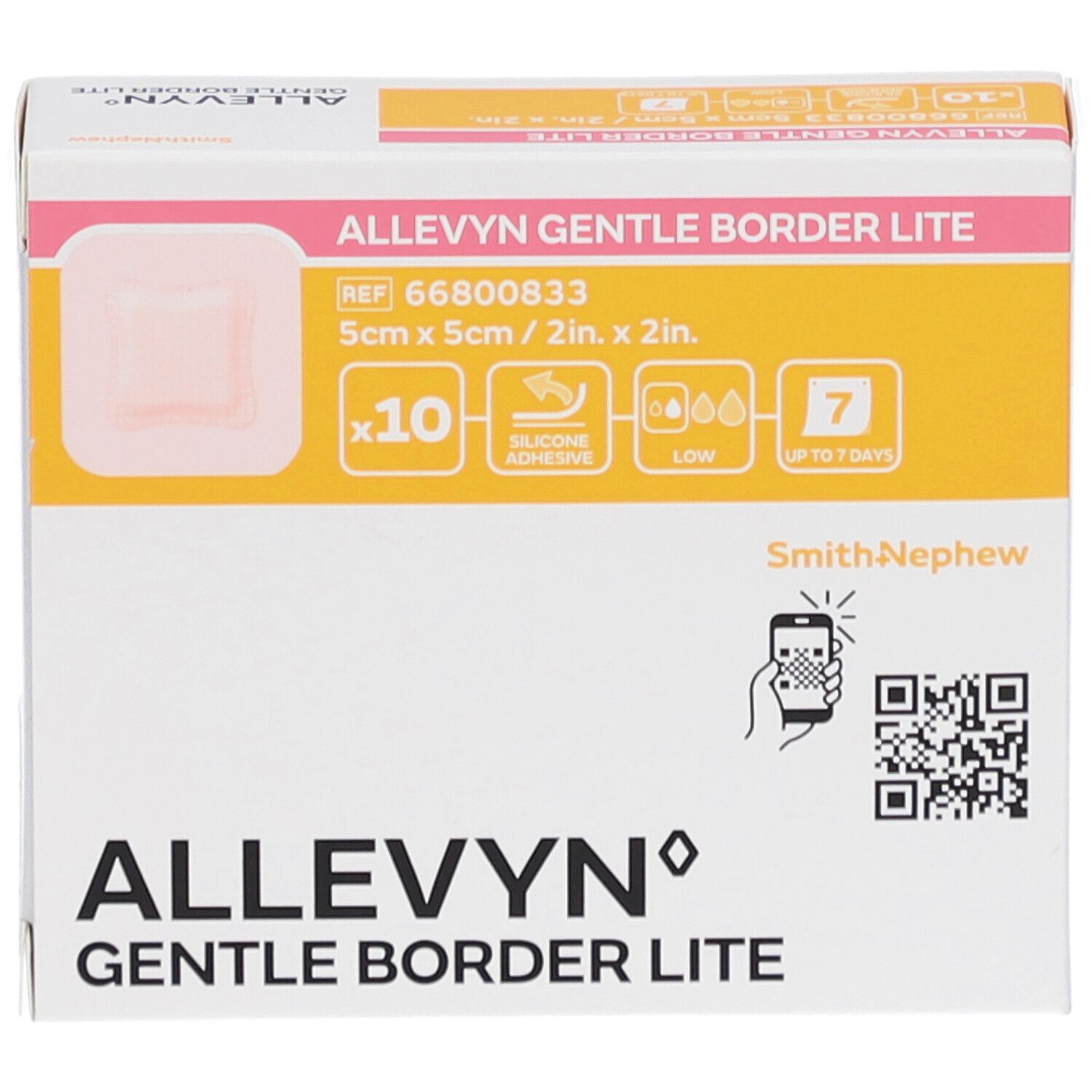 Emballage Allevyn Gentle Border Lite. Présente une image du produit, taille 5x5cm, 10 pièces, jusqu'à 7 jours. Avec code QR.