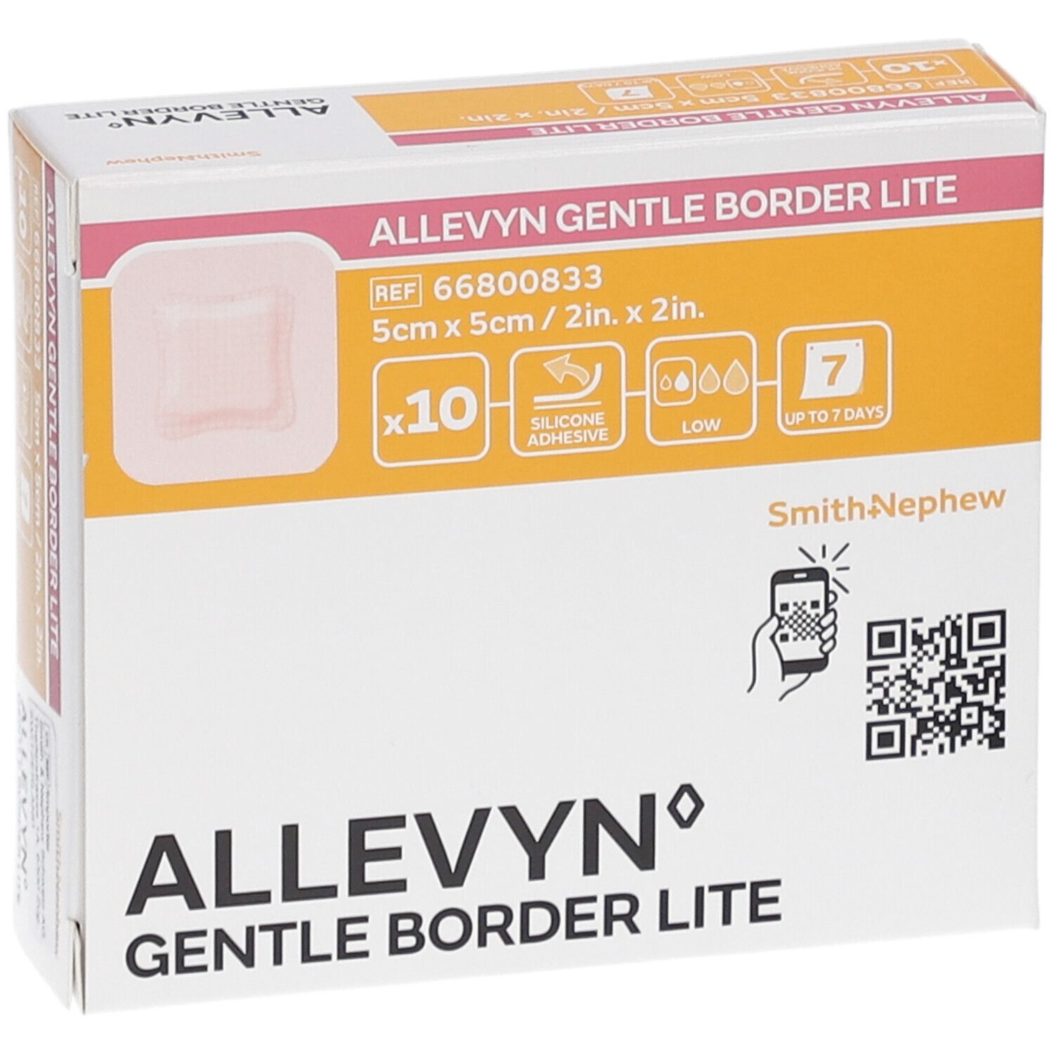 Emballage Allevyn Gentle Border Lite. Présente une image du produit, taille 5x5cm, 10 pièces, jusqu'à 7 jours. Avec code QR.