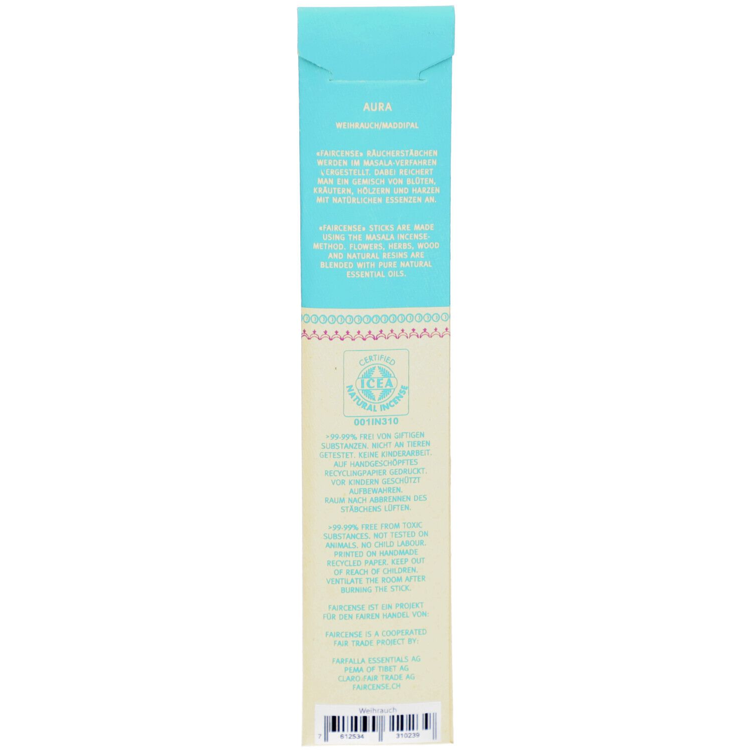 Dos de la boîte avec texte. Logo cosmétique naturel certifié. Texte en allemand, anglais et français.