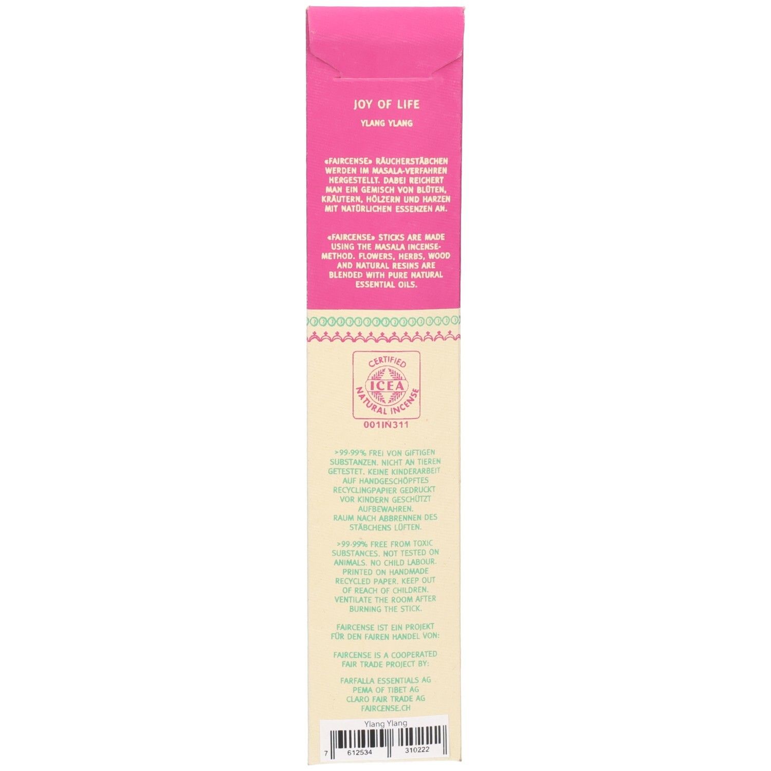 Arrière de l'emballage pour bâtons d'encens Faircense Ylang Ylang, Bio. Avec label bio et ingrédients.