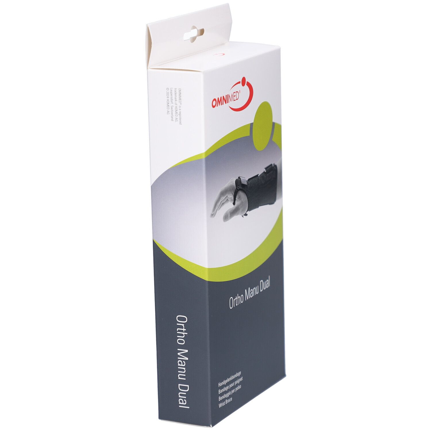 Seitenansicht der Verpackung der Handgelenkbandage OMNIMED Ortho Manu Dual. Zeigt das Produkt in einer schrägen Perspektive.