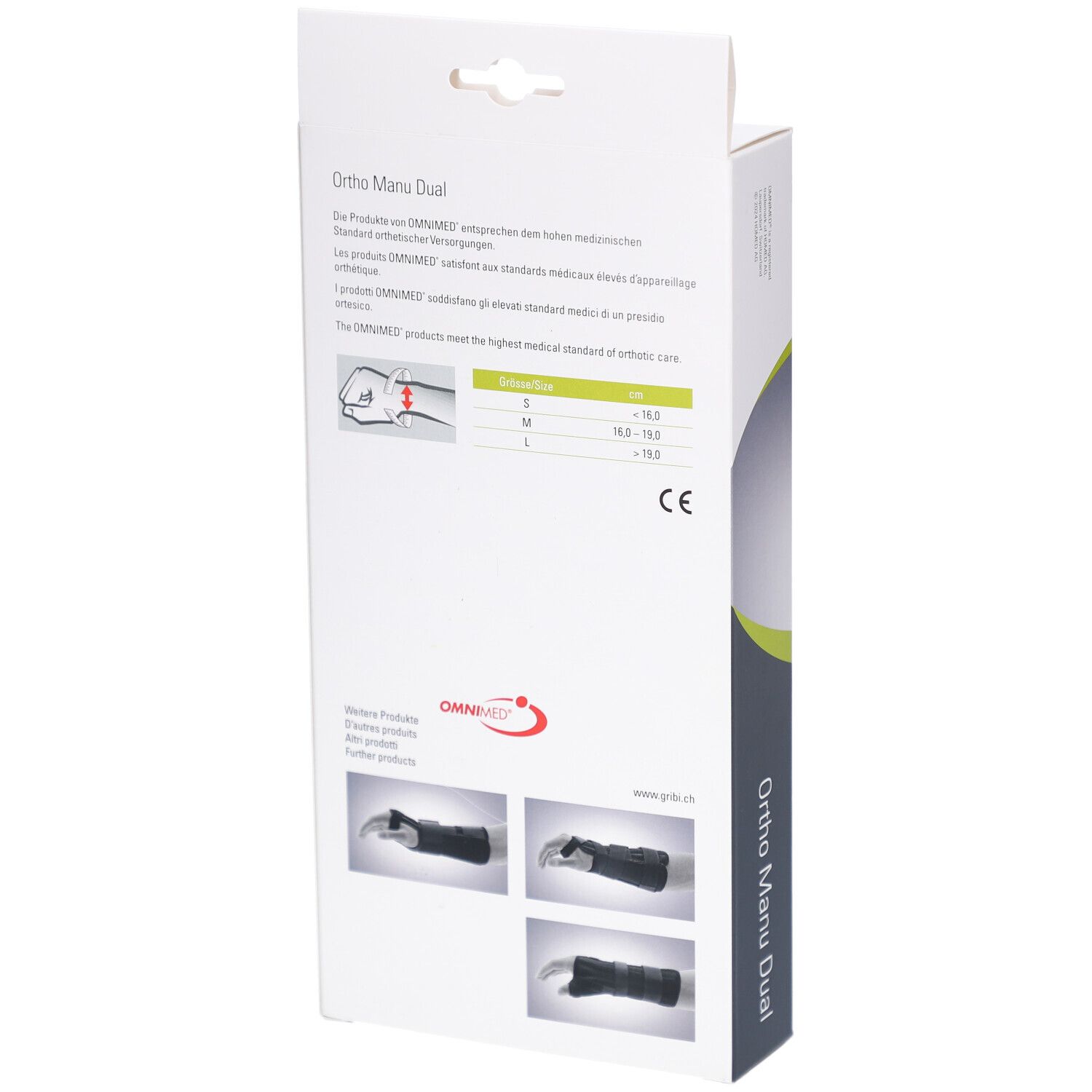 Rückseite der Verpackung der Handgelenkbandage OMNIMED Ortho Manu Dual. Enthält Produktinformationen und CE-Kennzeichnung.