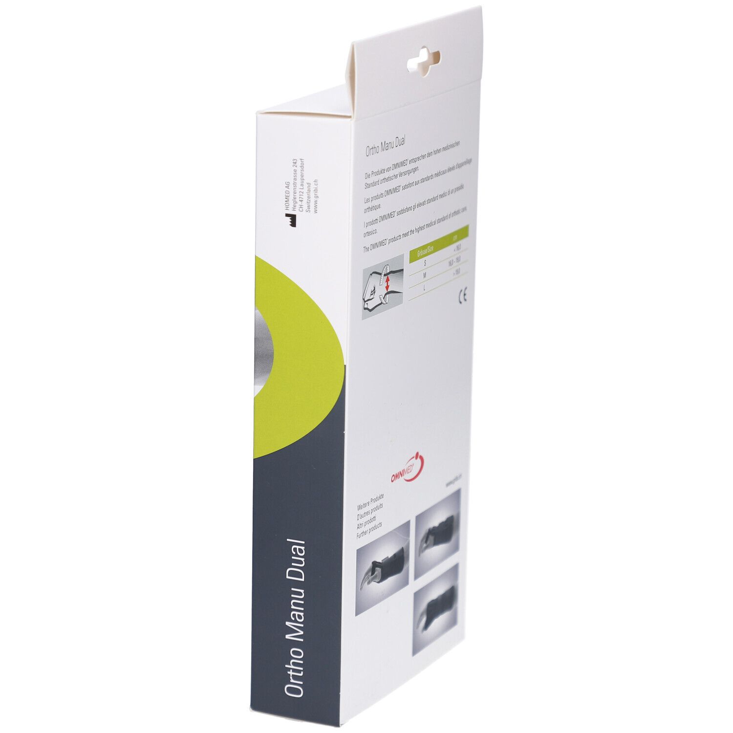 Seitenansicht der Verpackung der Handgelenkbandage OMNIMED Ortho Manu Dual. Zeigt das Produkt in einer schrägen Perspektive.