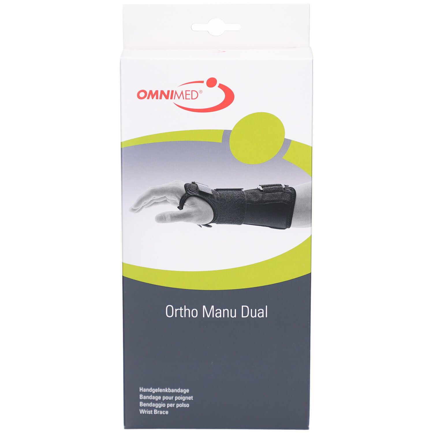 Verpackung der Handgelenkbandage OMNIMED Ortho Manu Dual. Zeigt ein schwarzes Handgelenk-Bandage auf weißem Hintergrund.