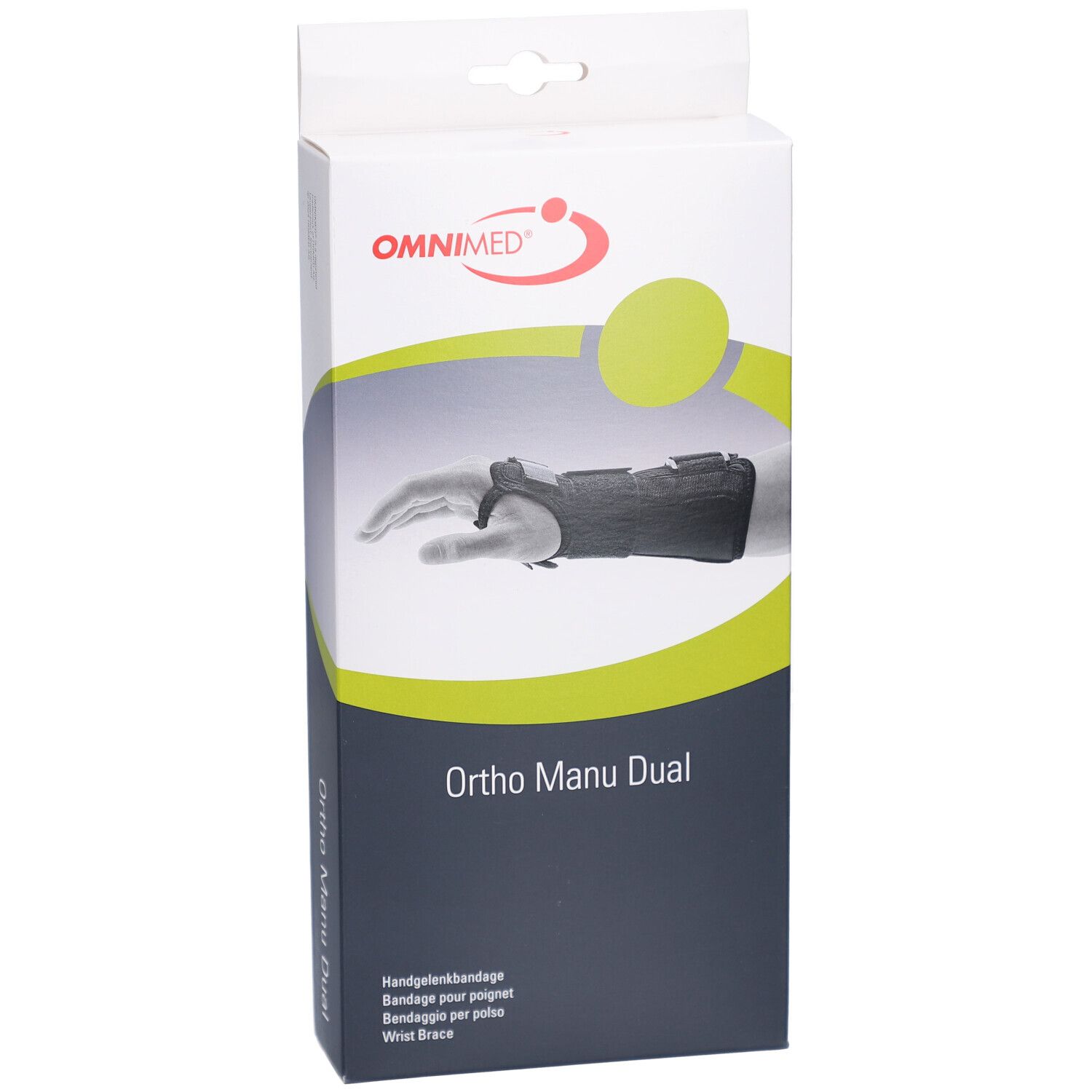 Verpackung der Handgelenkbandage OMNIMED Ortho Manu Dual. Zeigt ein schwarzes Handgelenk-Bandage auf weißem Hintergrund.