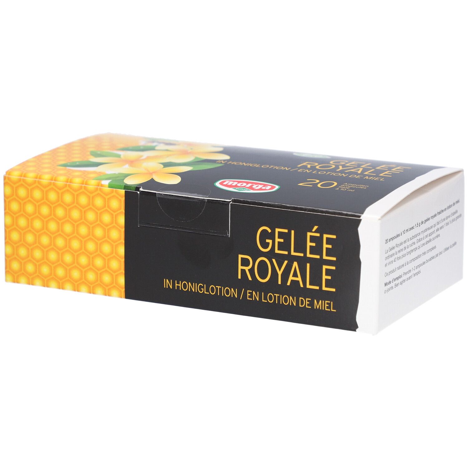 Boîte MORGA Gelée Royale. Éléments noirs et jaunes. Inscription : Gelée Royale, 20.