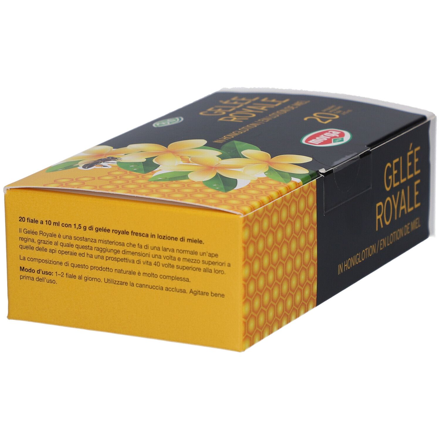 Boîte MORGA Gelée Royale. Éléments jaunes et noirs. Inscription : Gelée Royale, 20. Texte en italien.