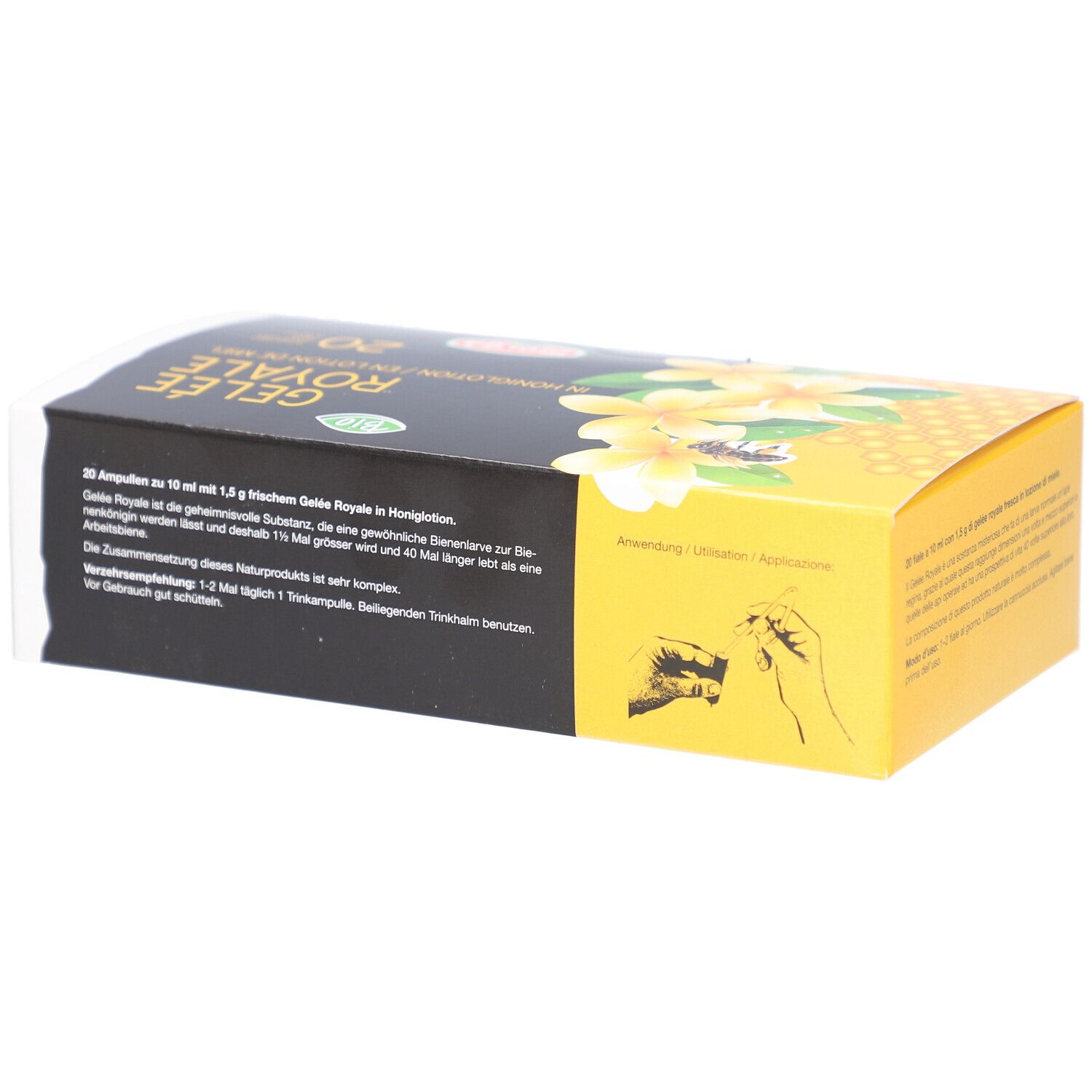 Boîte MORGA Gelée Royale. Éléments jaunes et noirs. Inscription : Gelée Royale, 20. Texte en allemand.