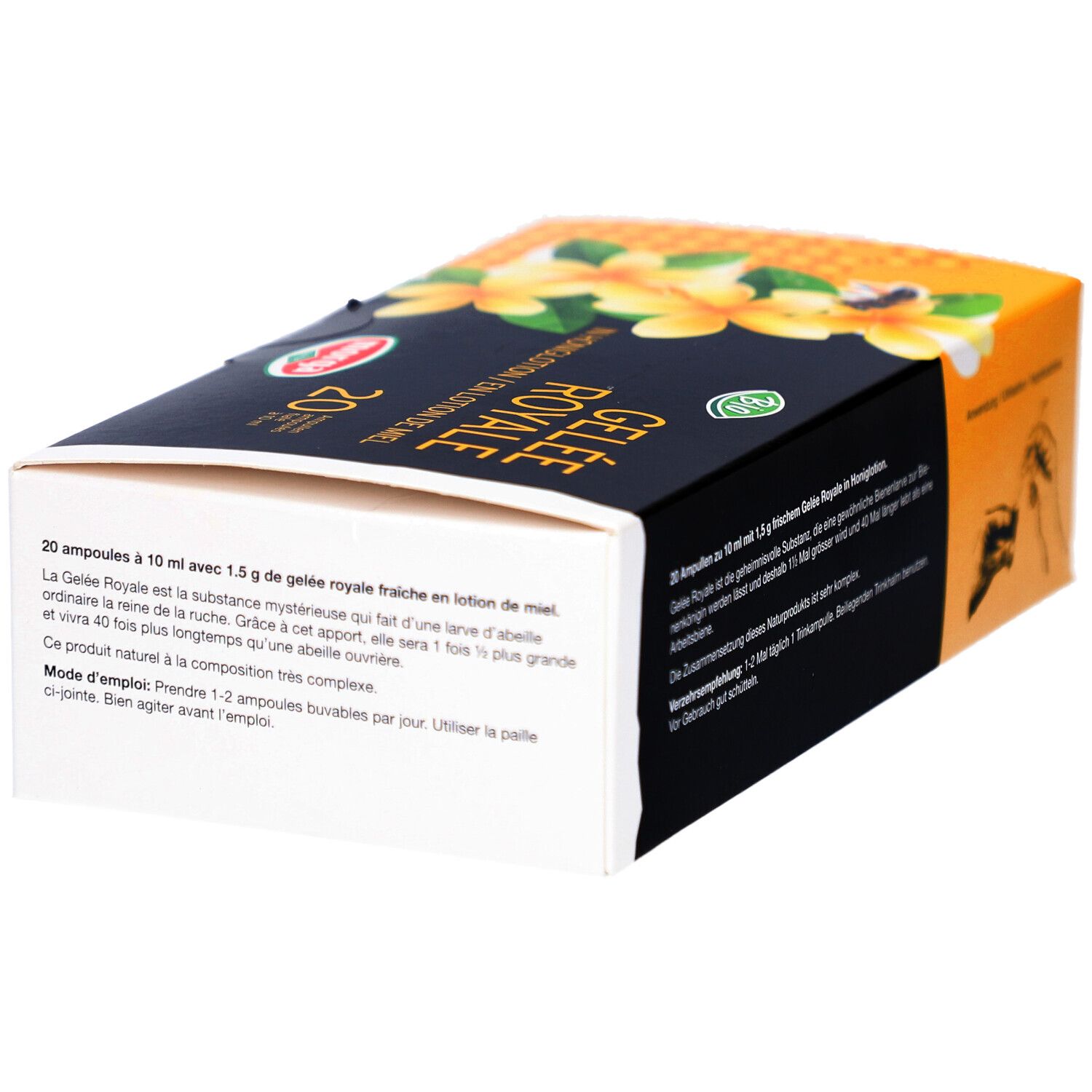 Boîte MORGA Gelée Royale. Éléments jaunes et noirs. Inscription : Gelée Royale, 20. Texte en allemand.