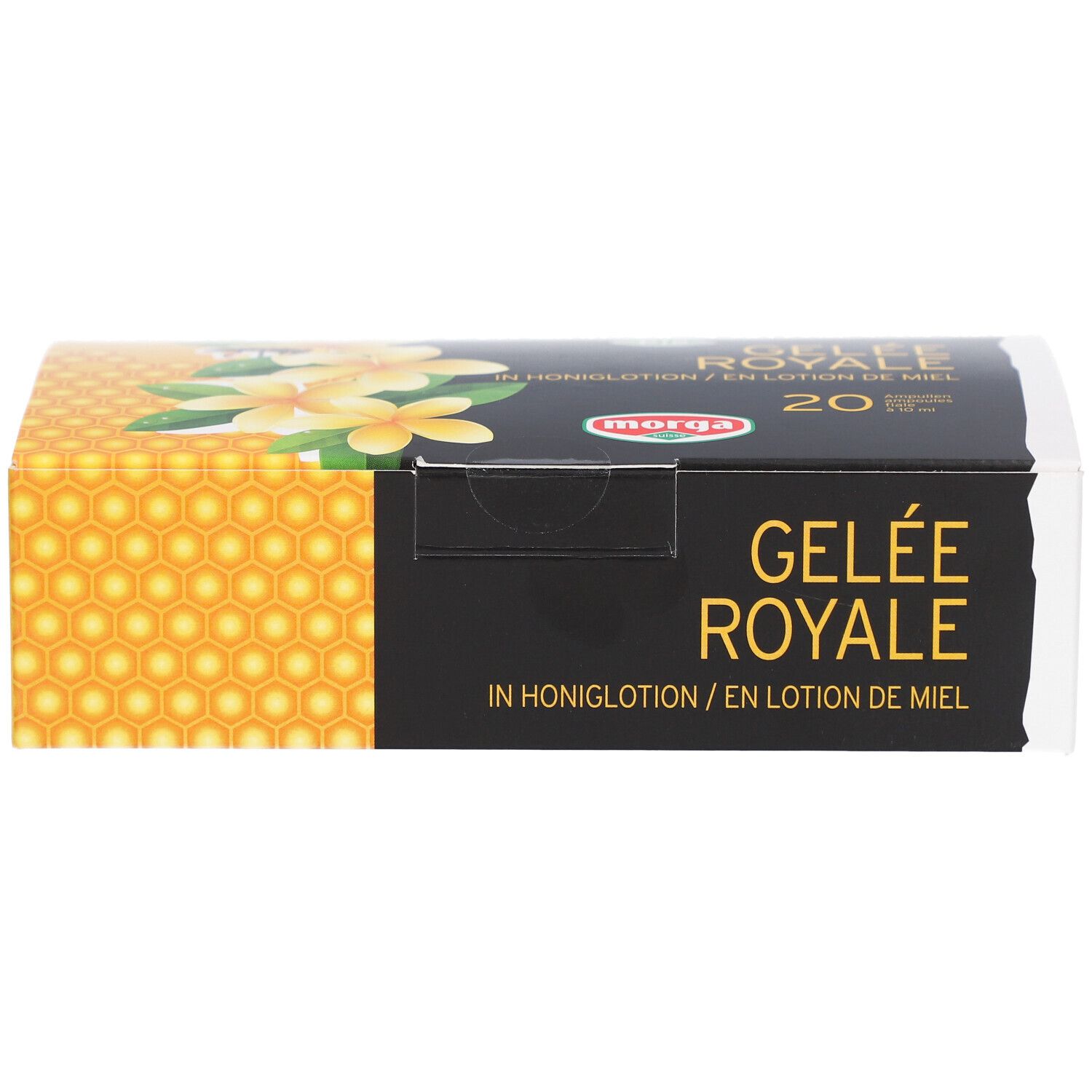 Boîte MORGA Gelée Royale. Éléments jaunes et noirs. Inscription : Gelée Royale, 20.