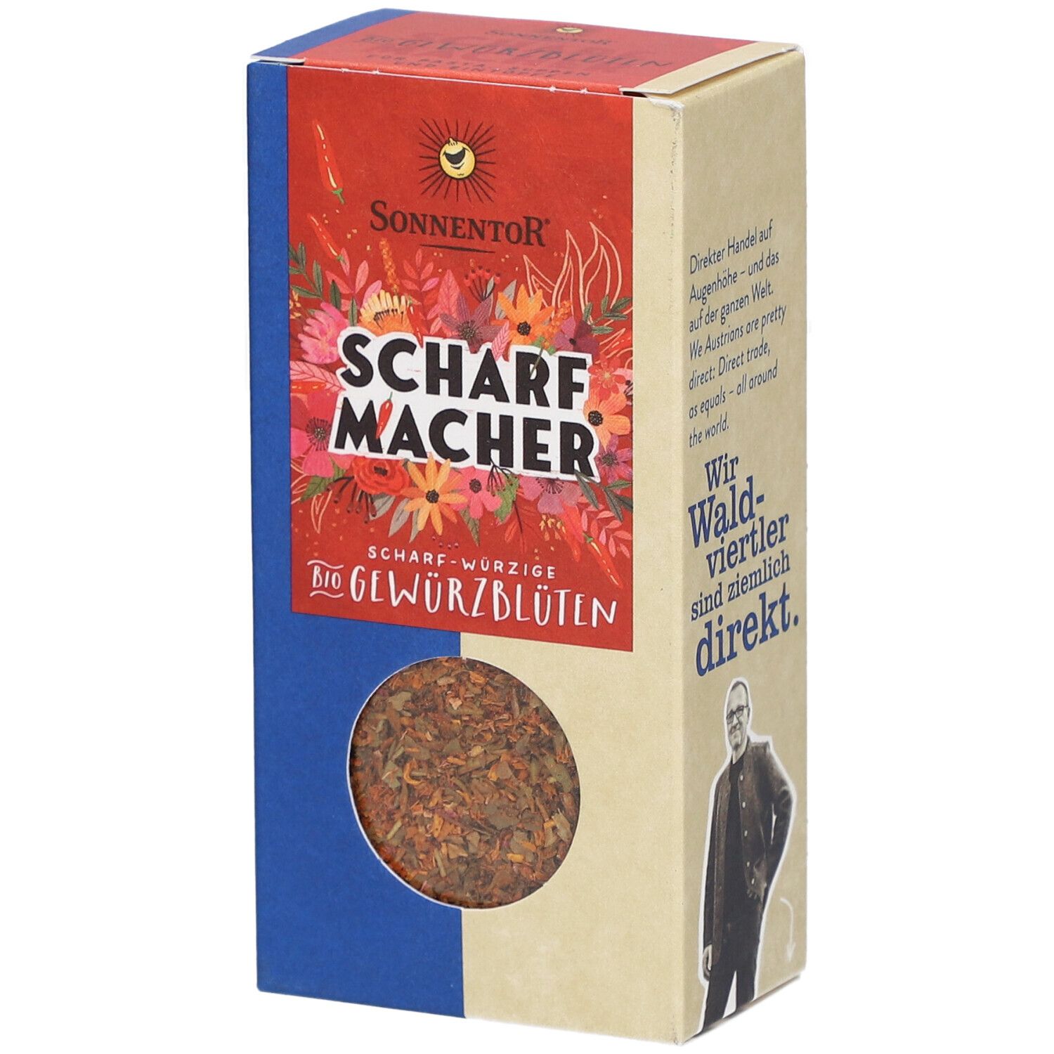 Boîte de Sonnentor Scharfmacher Gewürzblüten. Fenêtre montrant le mélange d'épices. Couleurs rouge, bleu et beige.