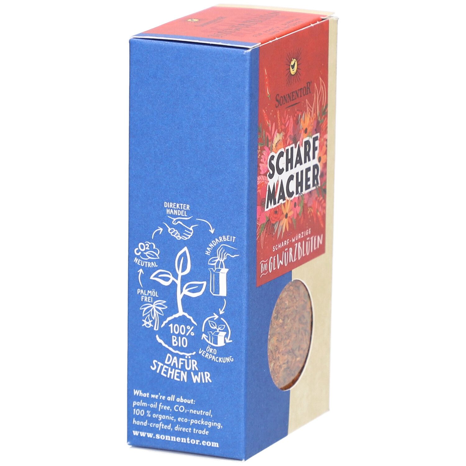 Boîte de Sonnentor Scharfmacher Gewürzblüten. Côté bleu avec logos et texte. Accents beiges et rouges.