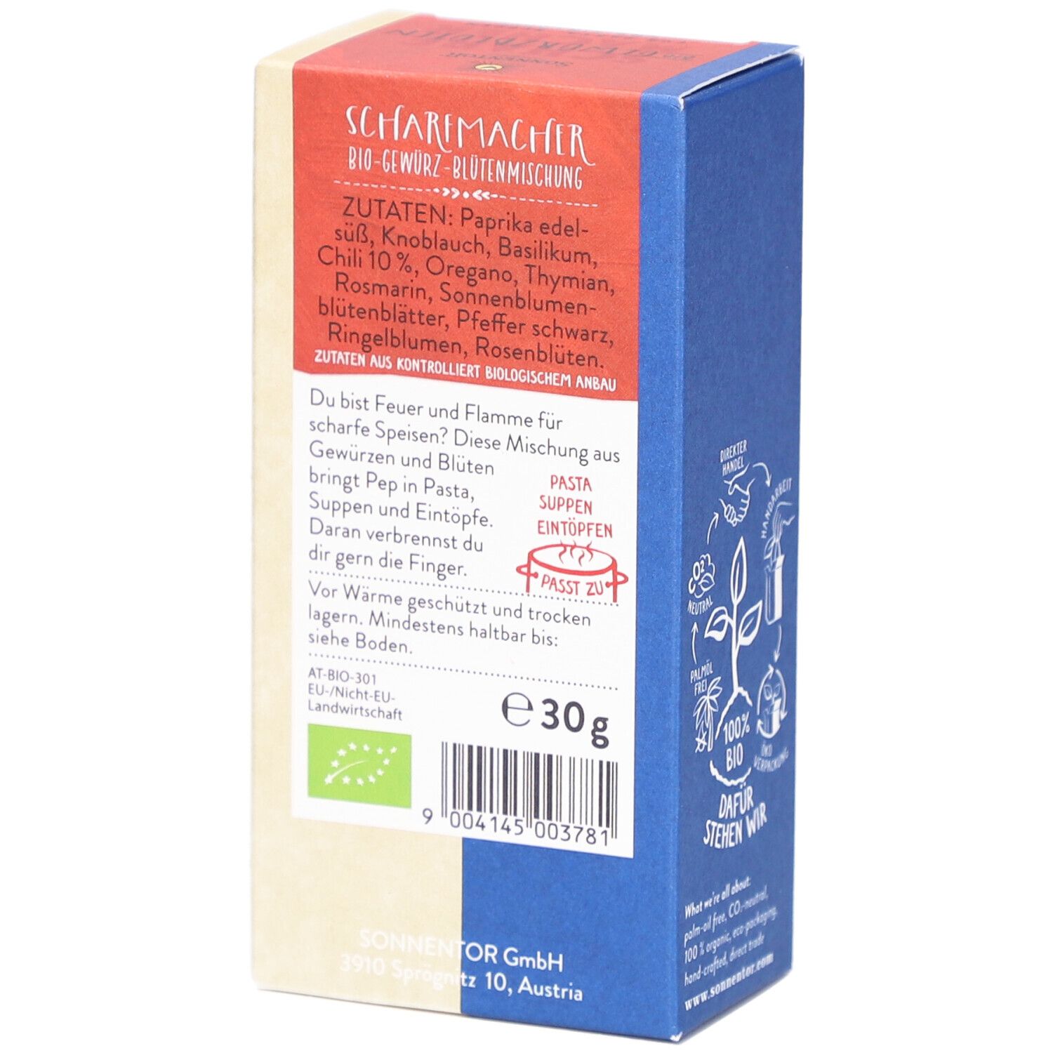 Dos de la boîte Sonnentor Scharfmacher Gewürzblüten. Liste des ingrédients, poids 30g, label bio. Texte en allemand.