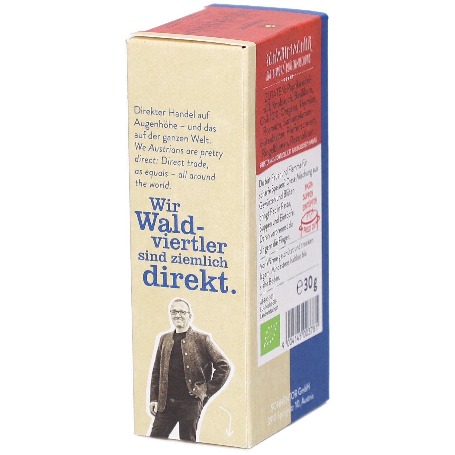 Côté de la boîte Sonnentor Scharfmacher Gewürzblüten. Texte en allemand. Image d'une personne.