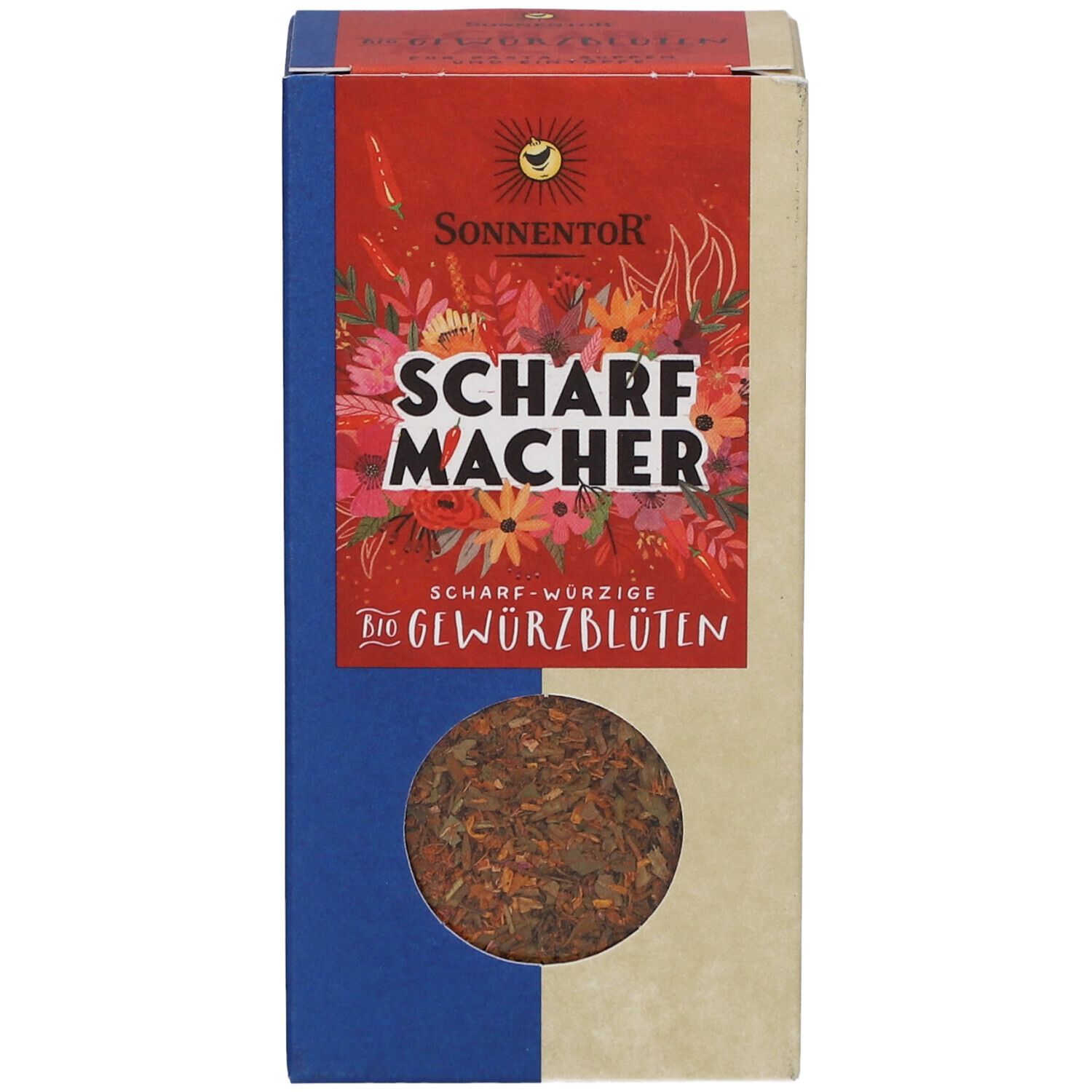 Vue de face de la boîte Sonnentor Scharfmacher Gewürzblüten. Couleurs rouge, bleu et beige. Nom du produit.