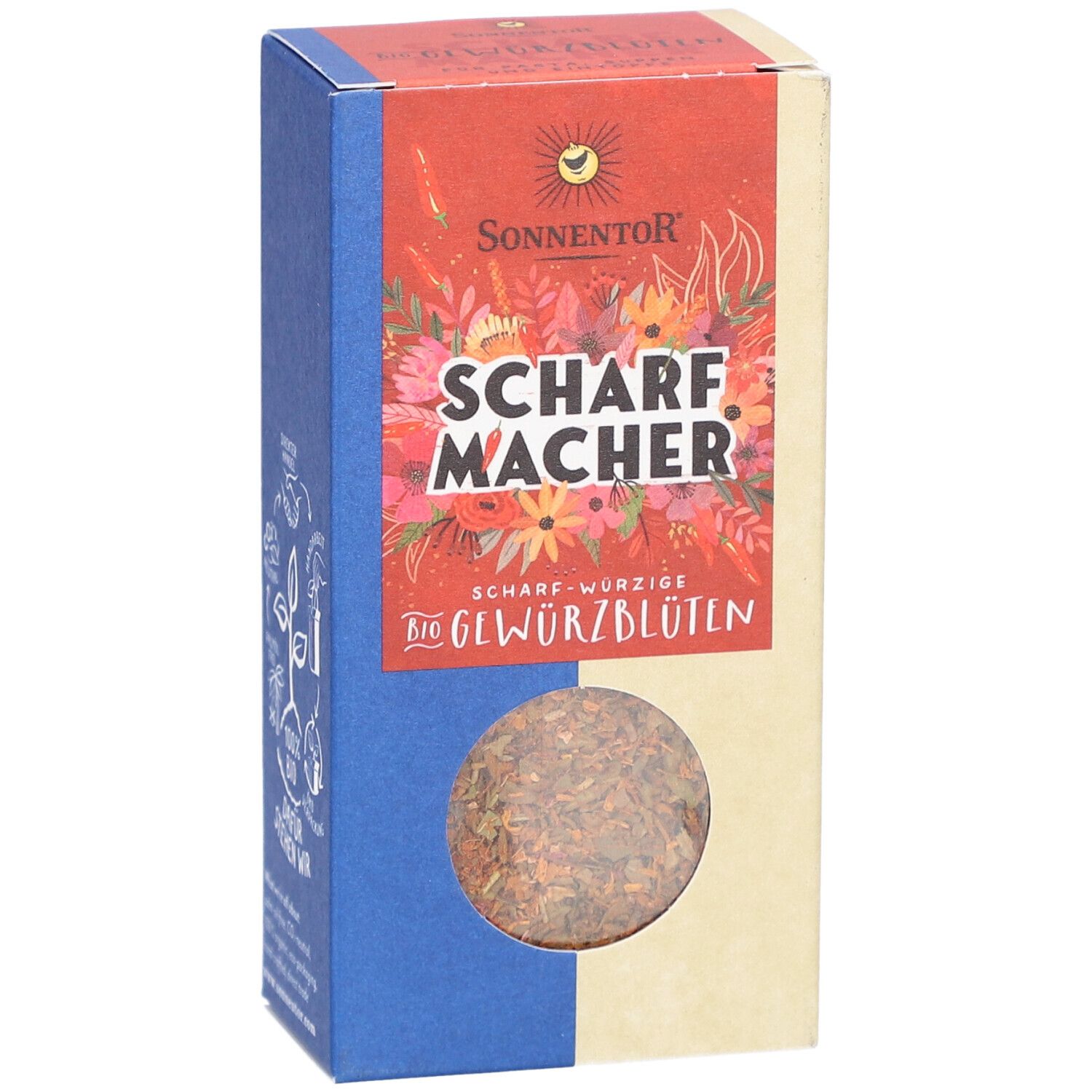 Vue de face de la boîte Sonnentor Scharfmacher Gewürzblüten. Fenêtre avec mélange d'épices. Nom du produit.