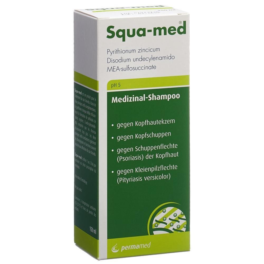 Weiß-grüne Schachtel mit Produktnamen Squa-med und Medizinal-Shampoo. Enthält Informationen zu Inhaltsstoffen und Anwendungsbereichen.