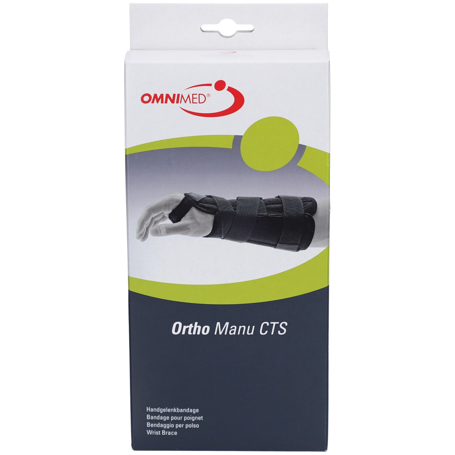 Handgelenkschiene in Verpackung. Schwarze Schiene mit Klettverschlüssen. OMNIMED Logo und Produktname Ortho Manu CTS.