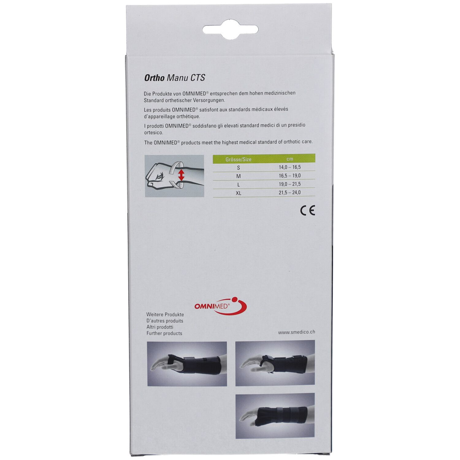Verpackung der Handgelenkschiene Ortho Manu CTS. Größenangaben: S (14,0-16,5 cm), M, L, XL. CE-Zeichen. Marke OMNIMED.
