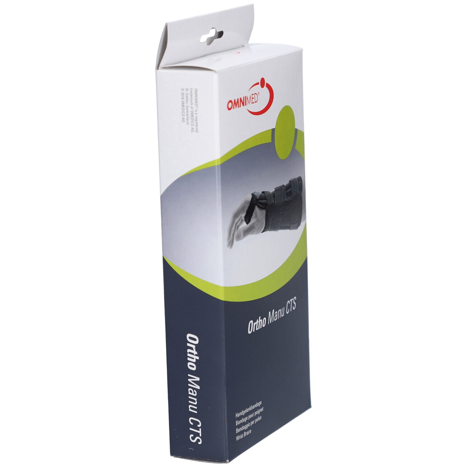 Verpackung der Handgelenkbandage Ortho Manu CTS von OMNIMED. Seitenansicht der Verpackung. Weiß-blaue Verpackung.