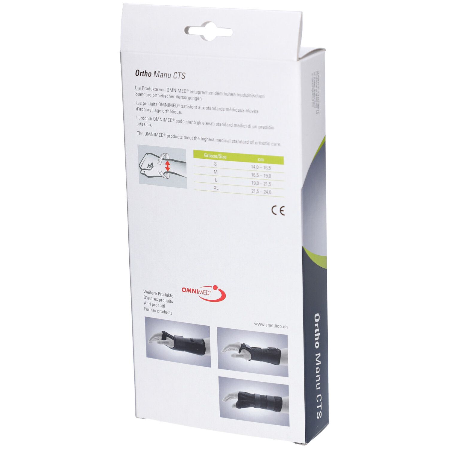 Rückseite der Verpackung der Handgelenkbandage Ortho Manu CTS. Größenangaben und Produktabbildungen. CE-Kennzeichnung.