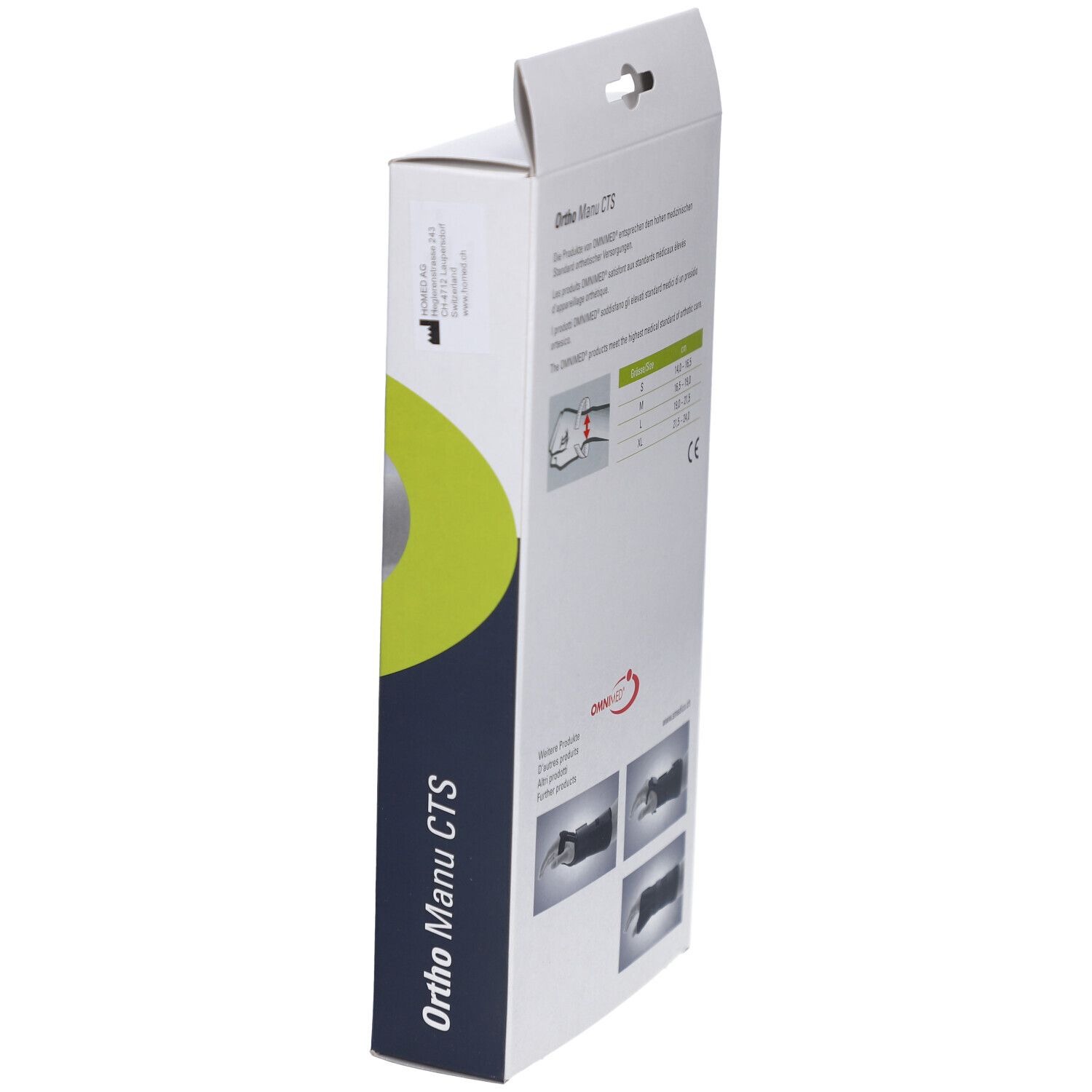 Seitenansicht der Verpackung der Handgelenkbandage Ortho Manu CTS. Größenangaben und Produktabbildungen. CE-Kennzeichnung.