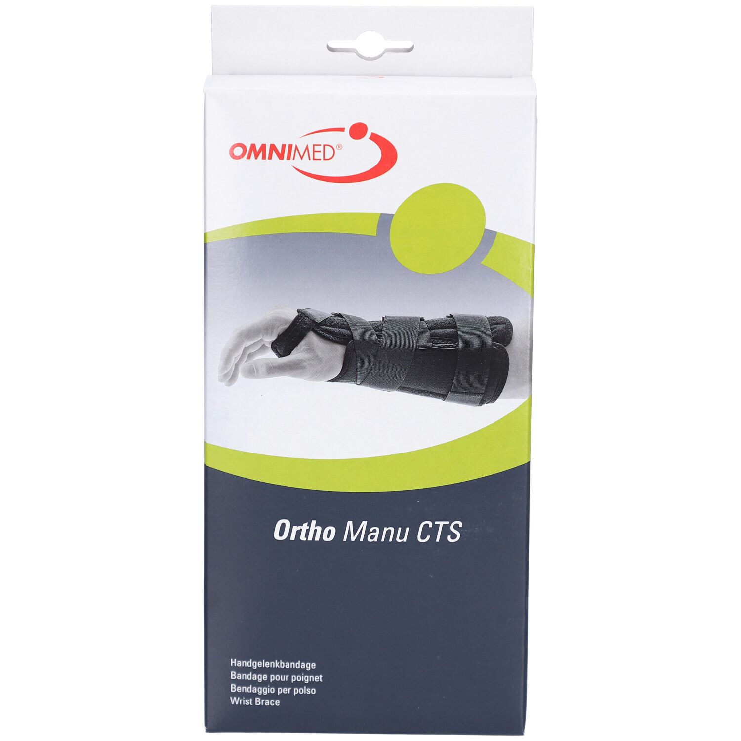 Verpackung der Handgelenkbandage Ortho Manu CTS von OMNIMED. Abbildung eines Handgelenks mit Bandage. Weiß-blaue Verpackung.