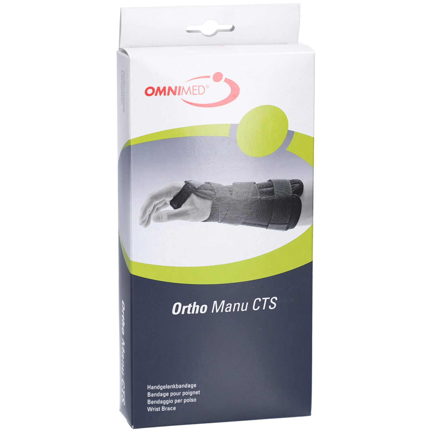 Verpackung der Handgelenkbandage Ortho Manu CTS von OMNIMED. Abbildung eines Handgelenks mit Bandage. Weiß-blaue Verpackung.