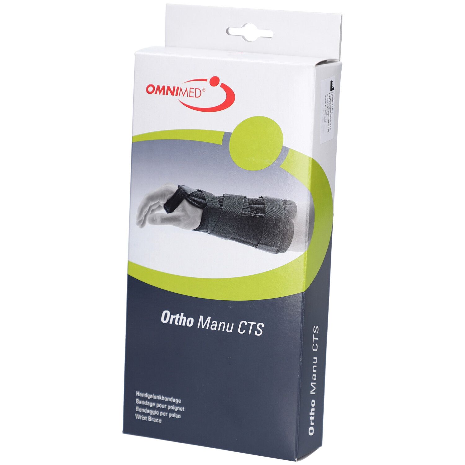 Verpackung der Handgelenkbandage OMNIMED Ortho Manu CTS. Abbildung eines Handgelenks mit Bandage. Text: Ortho Manu CTS.