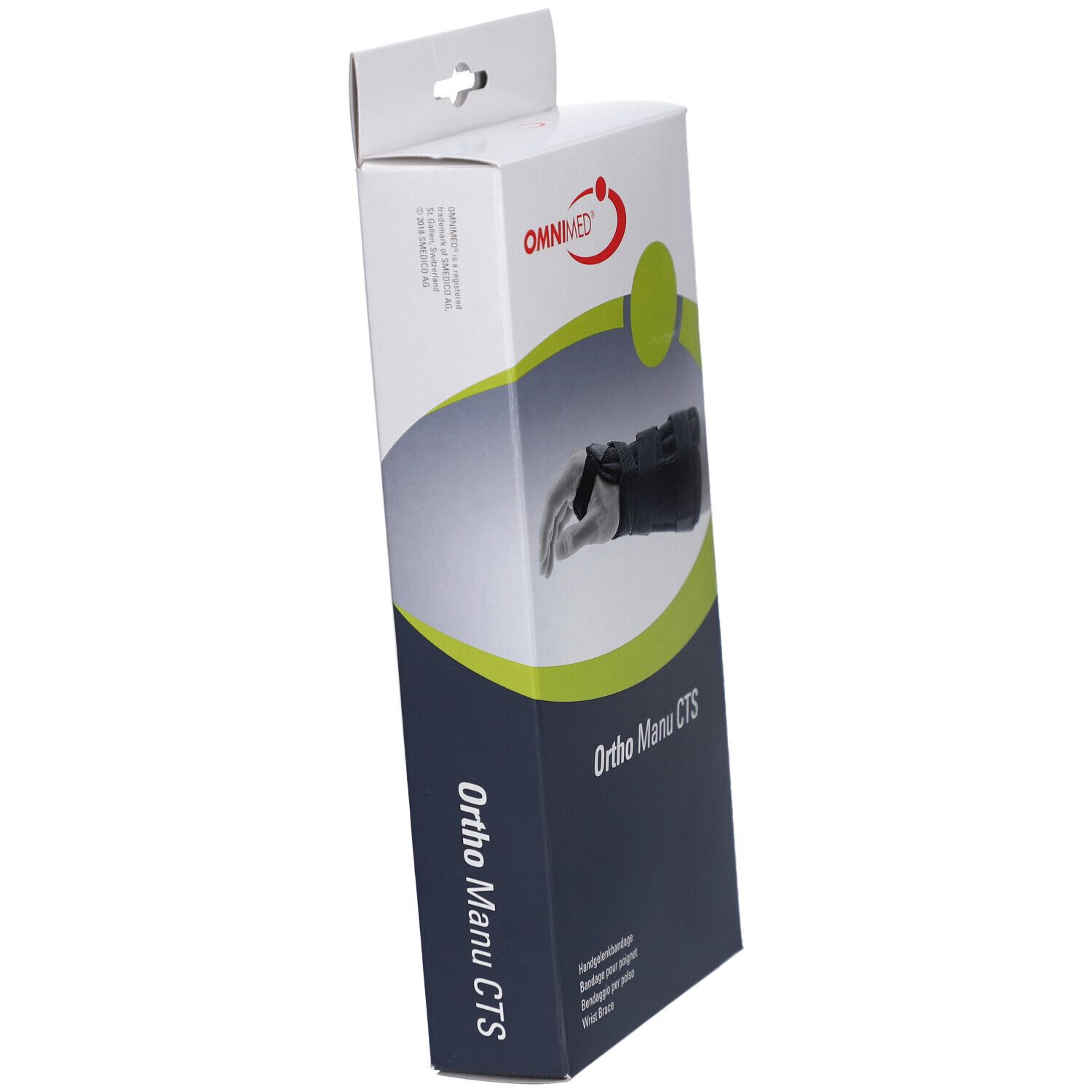 Schräg gestellte Verpackung der Handgelenkbandage OMNIMED Ortho Manu CTS. Text: Ortho Manu CTS.