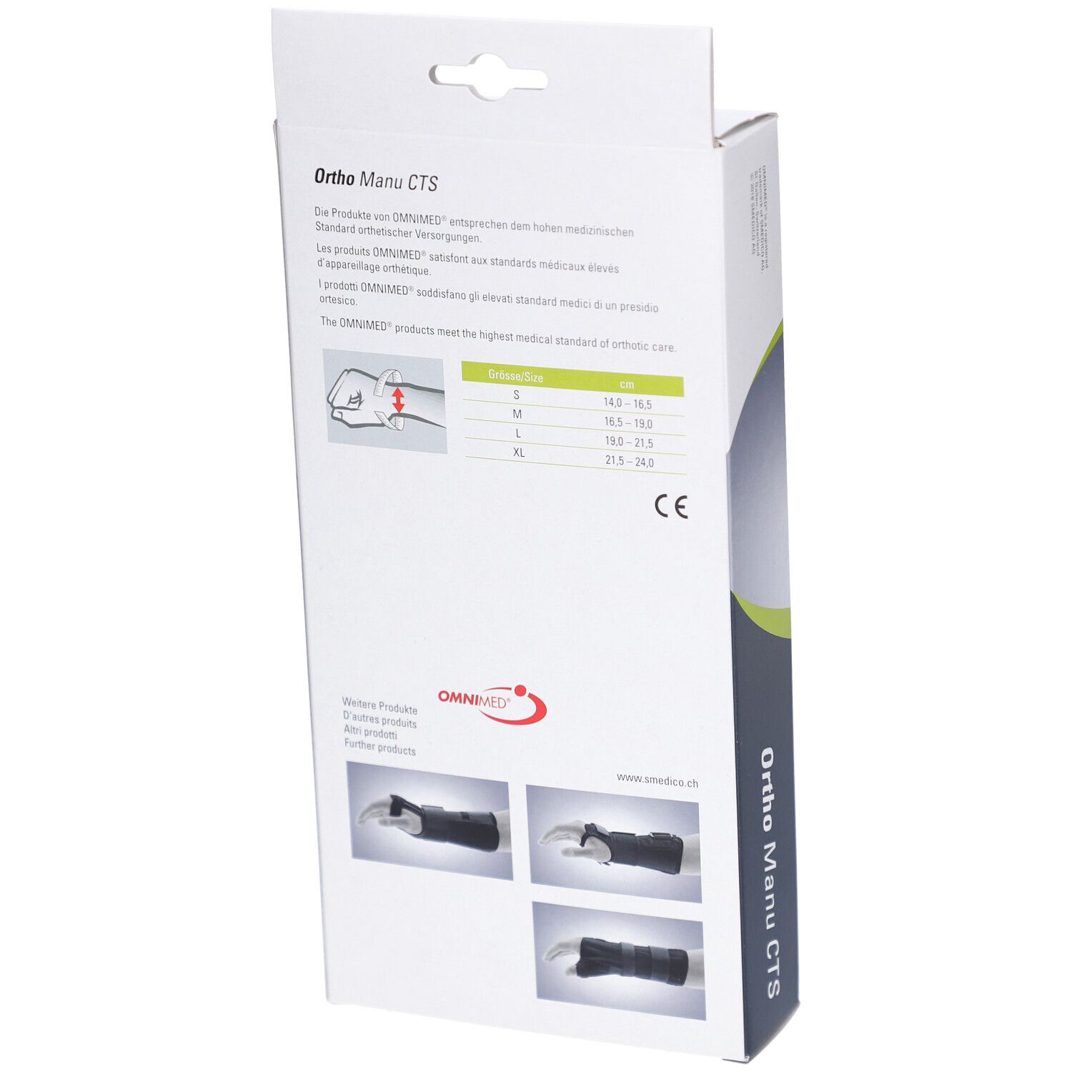Rückseite der Verpackung der Handgelenkbandage OMNIMED Ortho Manu CTS. Größenangaben und Produktabbildungen.
