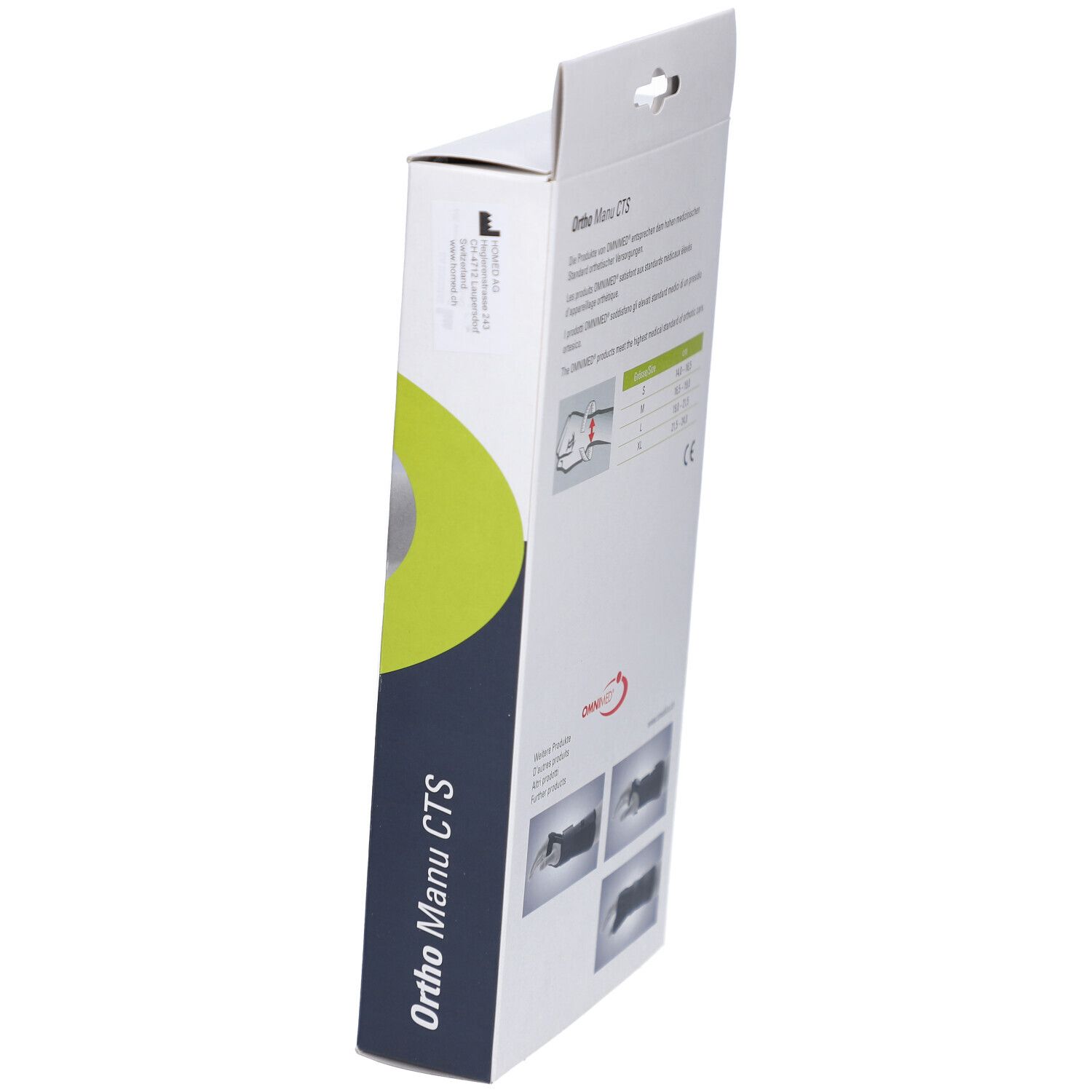 Schräg gestellte Verpackung der Handgelenkbandage OMNIMED Ortho Manu CTS. Größenangaben und Produktabbildungen.